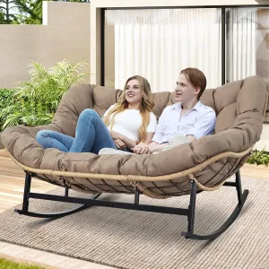 RADIATA Double Rocking Chair, Oversized Egg Rocking Chair for 2, Wide Papasan Loveseat with Cushion for Indoor Outdoor Patio Garden, 700lbs Weight Capacity (Brown Without Footrest)