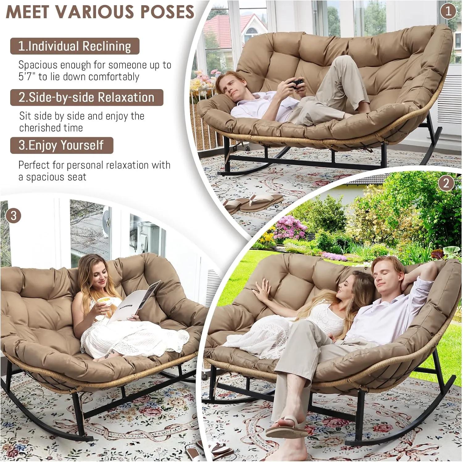 RADIATA Double Rocking Chair, Oversized Egg Rocking Chair for 2, Wide Papasan Loveseat with Cushion for Indoor Outdoor Patio Garden, 700lbs Weight Capacity (Brown Without Footrest)