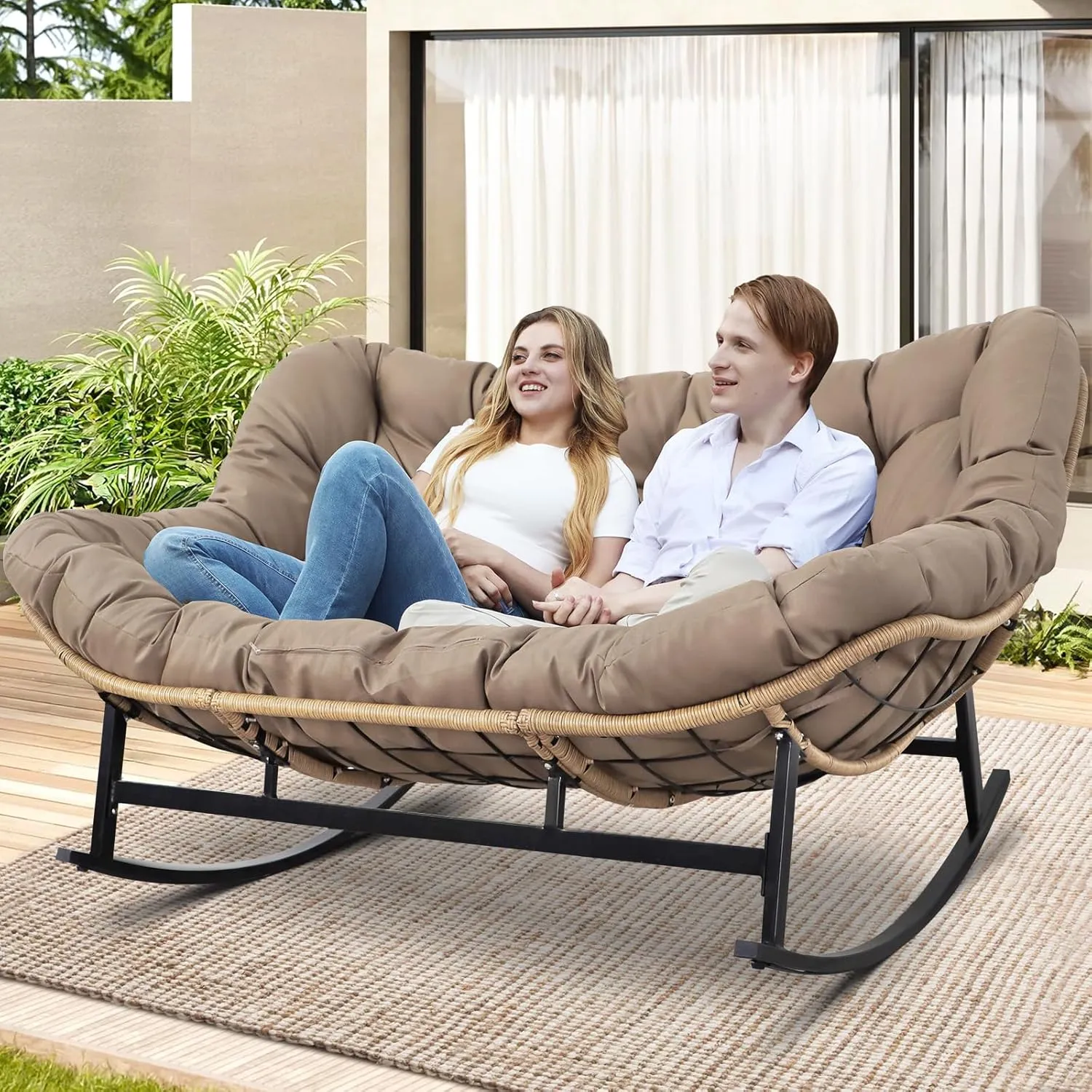 RADIATA Double Rocking Chair, Oversized Egg Rocking Chair for 2, Wide Papasan Loveseat with Cushion for Indoor Outdoor Patio Garden, 700lbs Weight Capacity (Brown Without Footrest)
