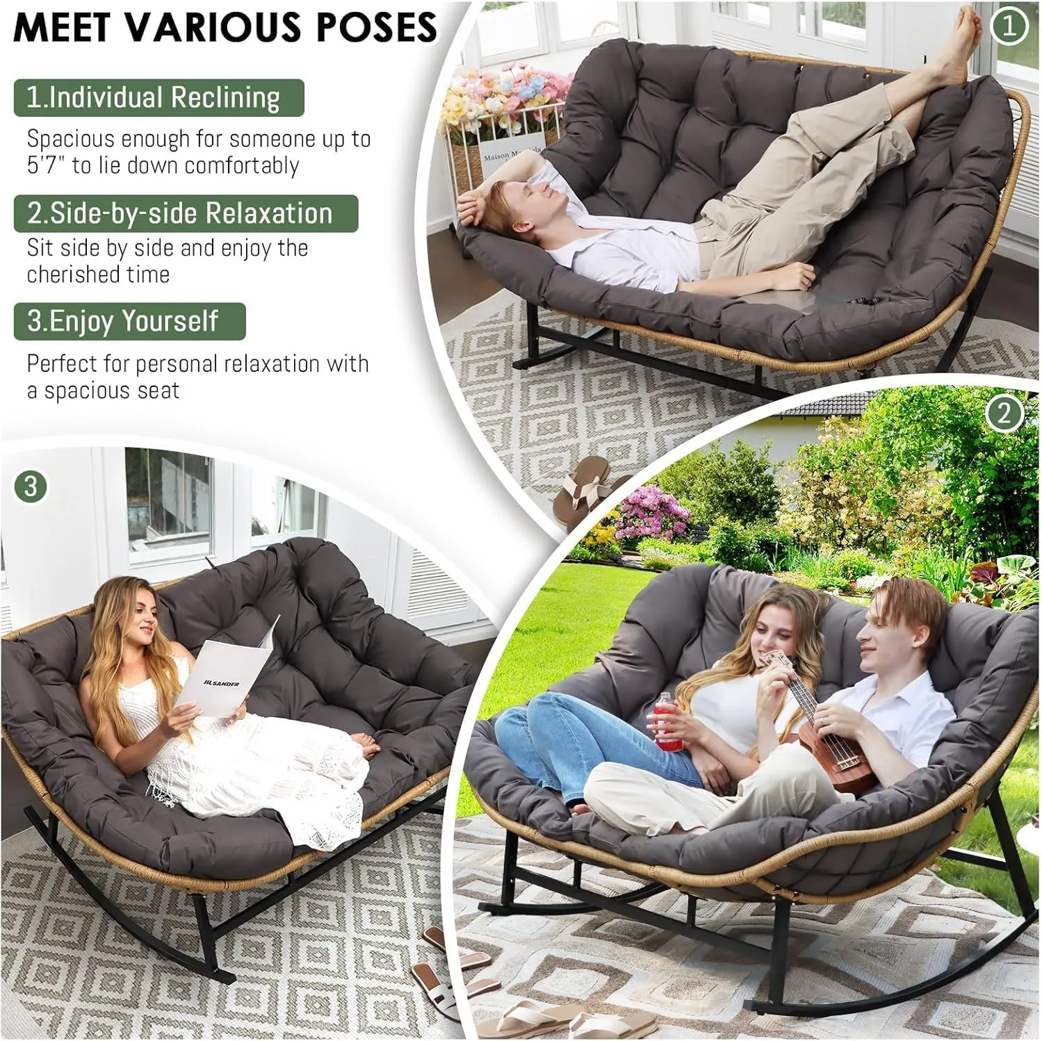 RADIATA Oversized Double Papasan Rocking Chair, 700lbs Extra Large Wicker Recliner with Cozy Cushion, Two Person Boho Egg-Style Loveseat for Indoor Outdoor Balcony Patio, Dark Grey No Ottomans