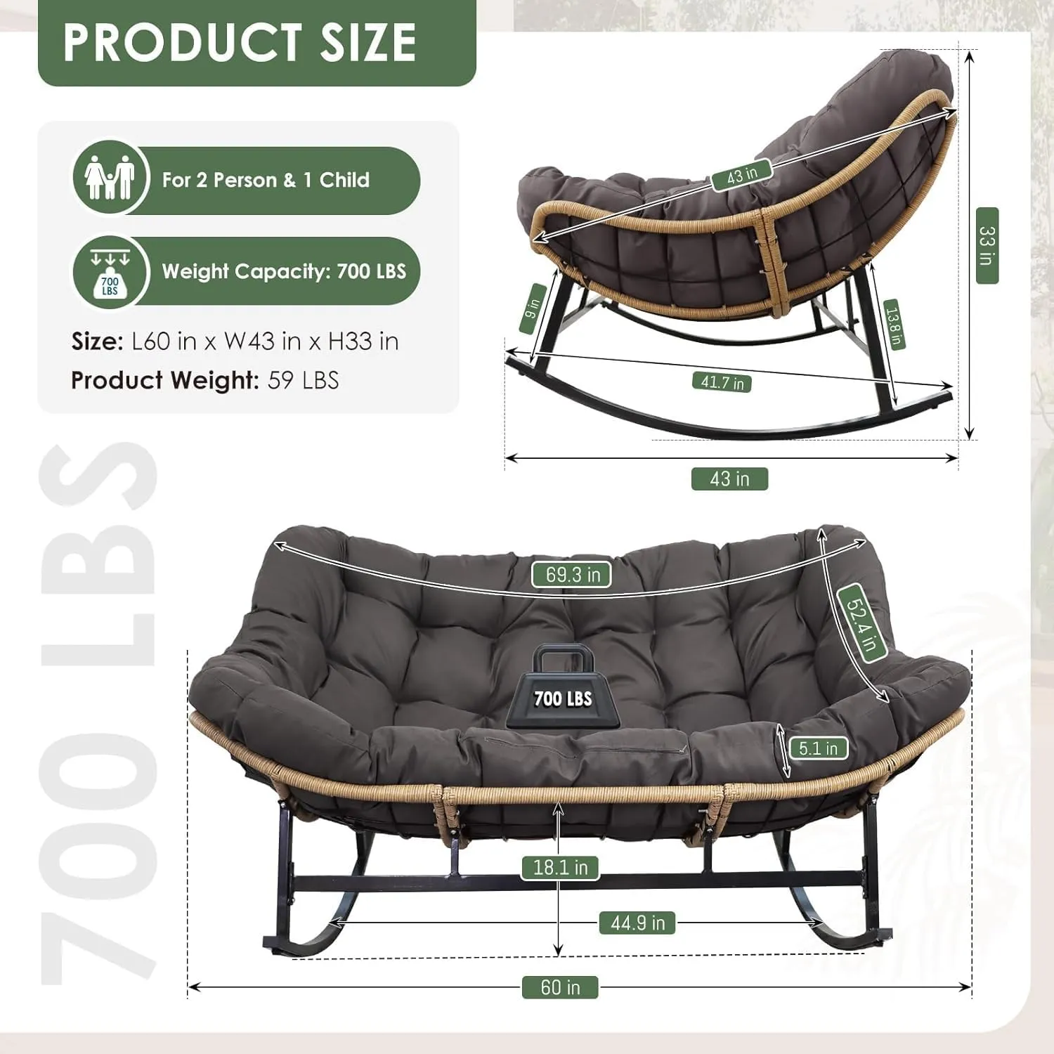 RADIATA Oversized Double Papasan Rocking Chair, 700lbs Extra Large Wicker Recliner with Cozy Cushion, Two Person Boho Egg-Style Loveseat for Indoor Outdoor Balcony Patio, Dark Grey No Ottomans