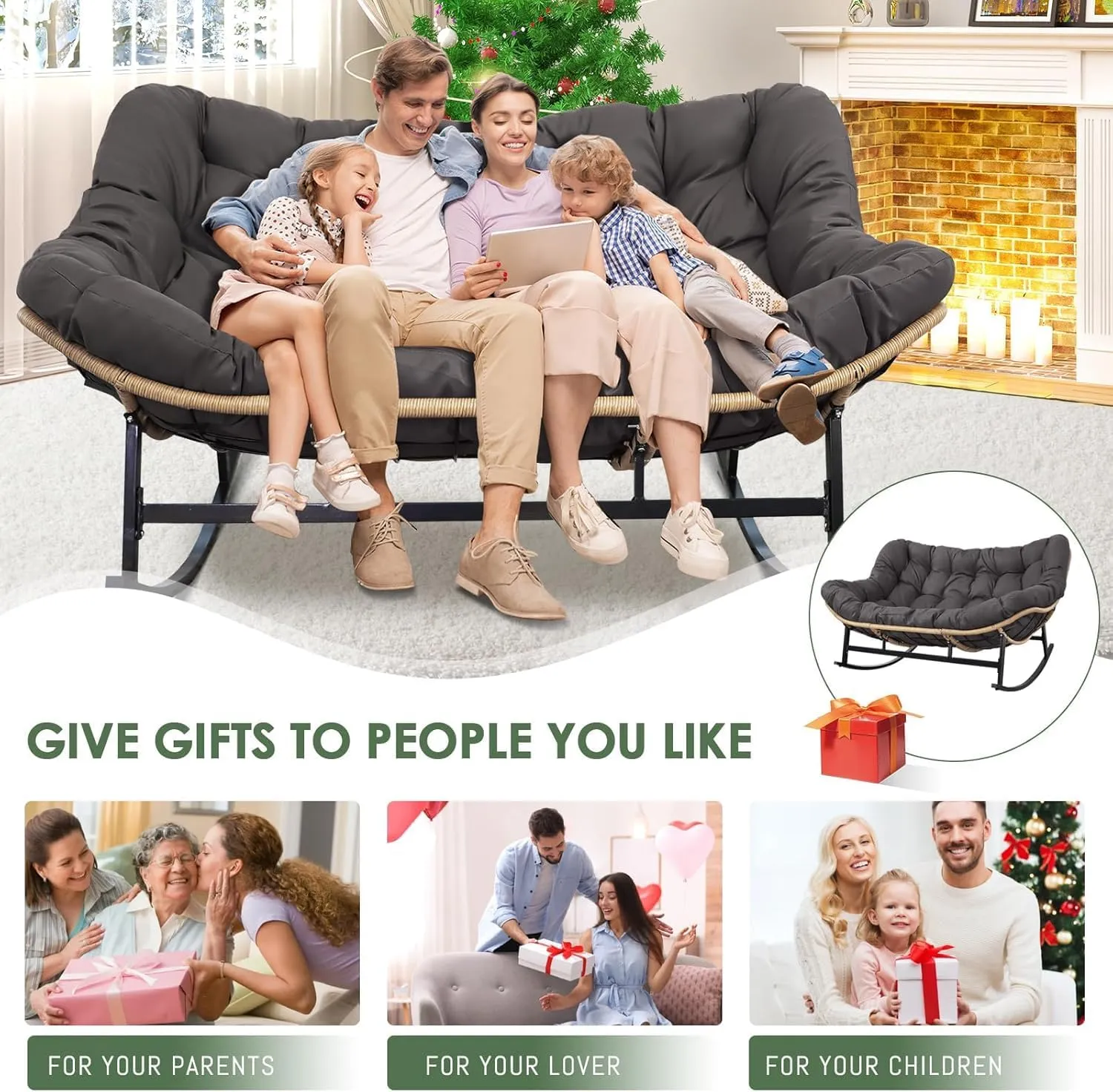 RADIATA Oversized Double Papasan Rocking Chair, 700lbs Extra Large Wicker Recliner with Cozy Cushion, Two Person Boho Egg-Style Loveseat for Indoor Outdoor Balcony Patio, Dark Grey No Ottomans