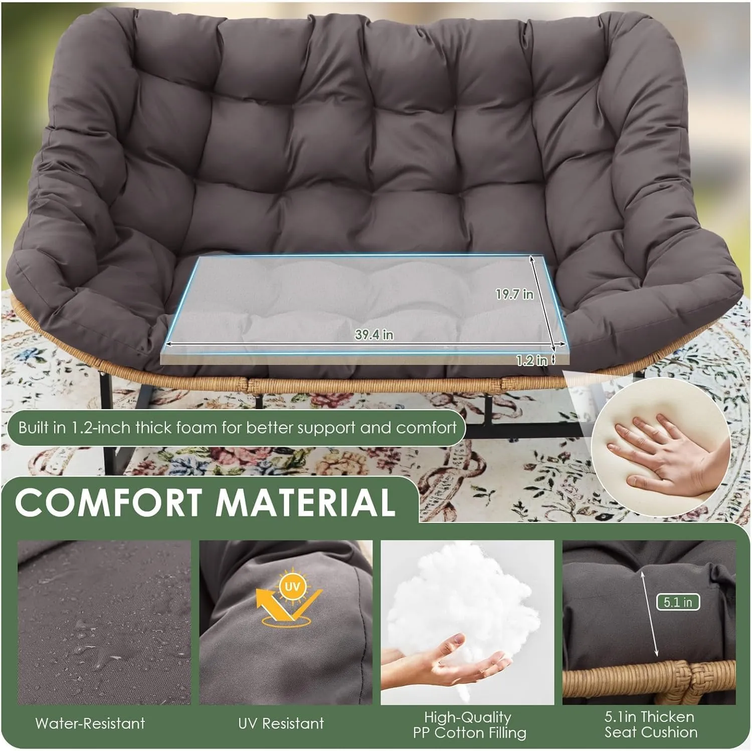 RADIATA Oversized Double Papasan Rocking Chair, 700lbs Extra Large Wicker Recliner with Cozy Cushion, Two Person Boho Egg-Style Loveseat for Indoor Outdoor Balcony Patio, Dark Grey No Ottomans