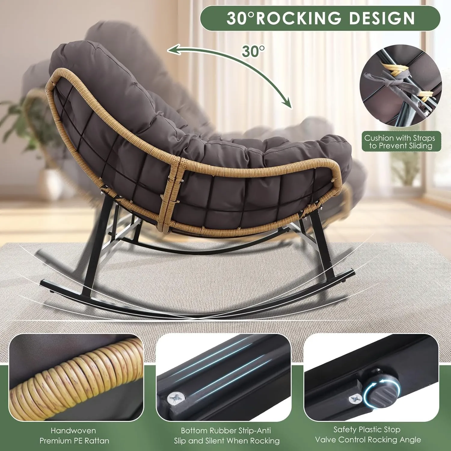 RADIATA Oversized Double Papasan Rocking Chair, 700lbs Extra Large Wicker Recliner with Cozy Cushion, Two Person Boho Egg-Style Loveseat for Indoor Outdoor Balcony Patio, Dark Grey No Ottomans
