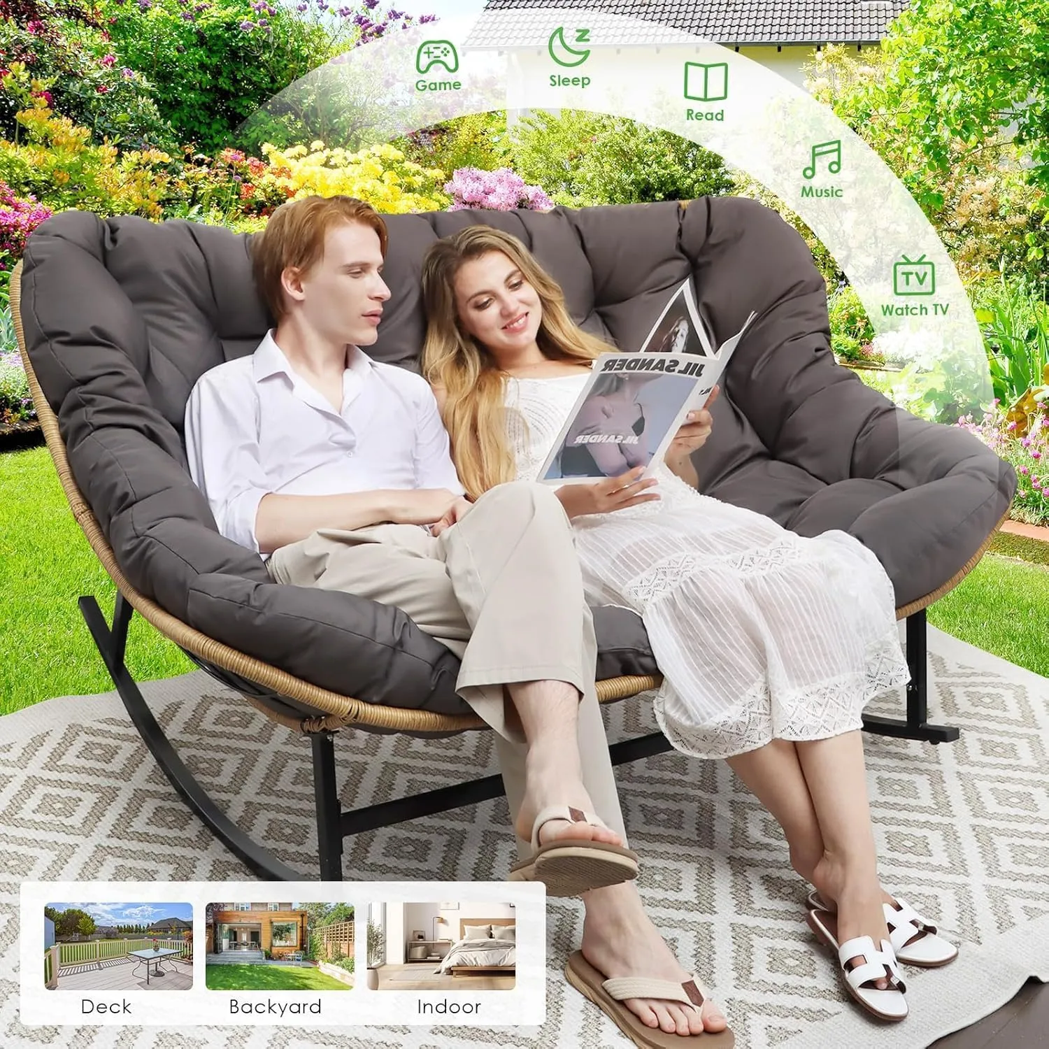 RADIATA Oversized Double Papasan Rocking Chair, 700lbs Extra Large Wicker Recliner with Cozy Cushion, Two Person Boho Egg-Style Loveseat for Indoor Outdoor Balcony Patio, Dark Grey No Ottomans