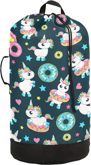 Rainbow Unicorn Donut Laundry Bag Large Heavy Duty Laundry Backpack with Shoulder Straps Waterproof Laundry bag for Traveling Camp Dirty Clothes Organizer for College Students