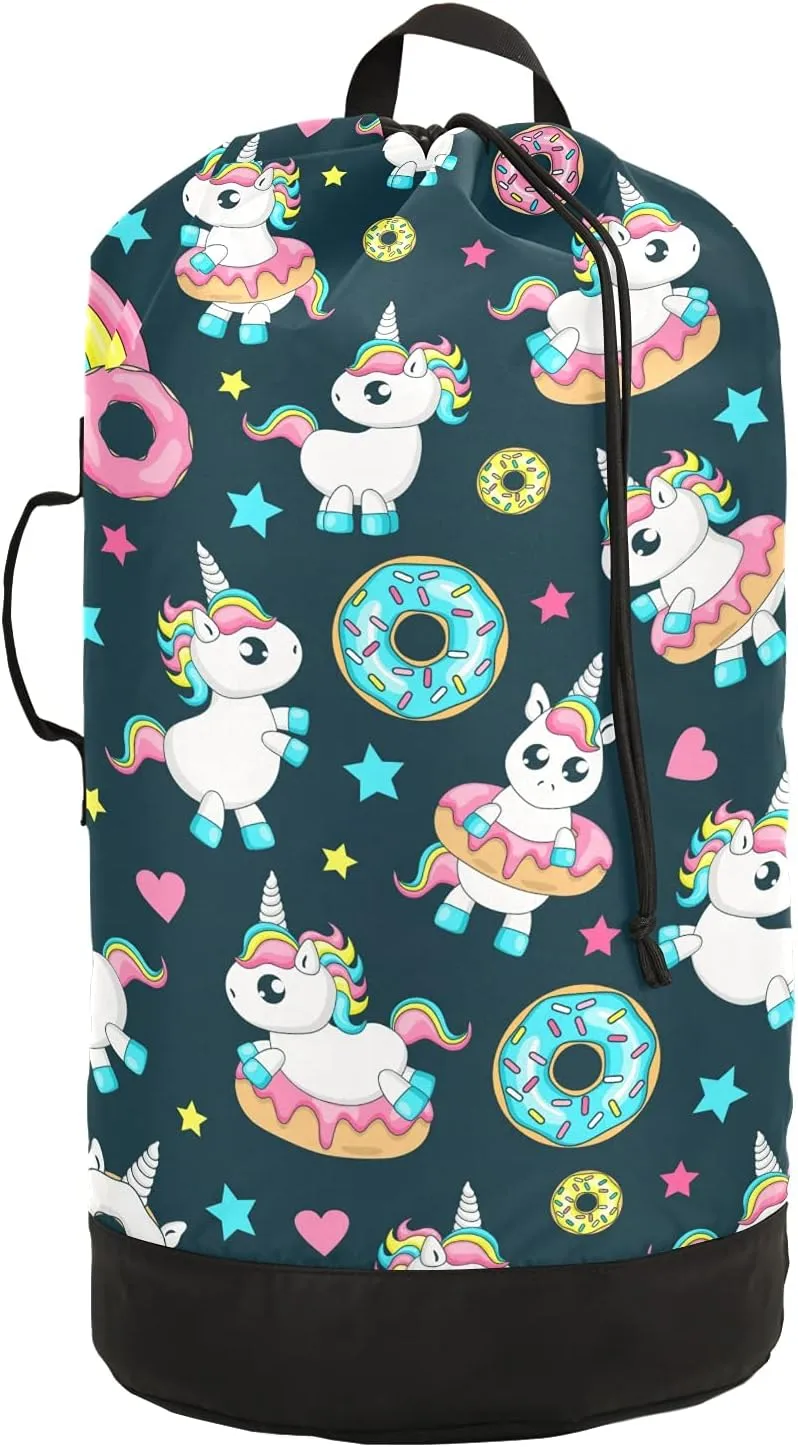 Rainbow Unicorn Donut Laundry Bag Large Heavy Duty Laundry Backpack with Shoulder Straps Waterproof Laundry bag for Traveling Camp Dirty Clothes Organizer for College Students