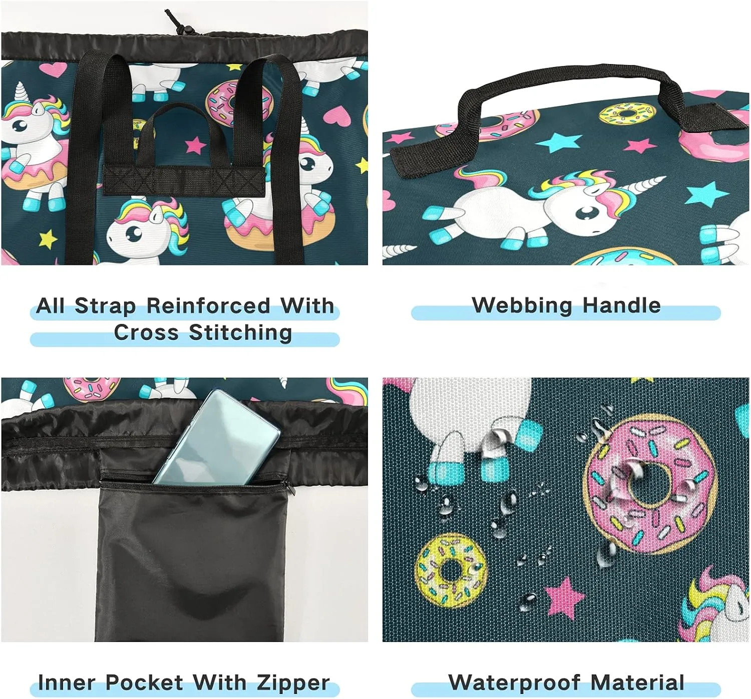 Rainbow Unicorn Donut Laundry Bag Large Heavy Duty Laundry Backpack with Shoulder Straps Waterproof Laundry bag for Traveling Camp Dirty Clothes Organizer for College Students