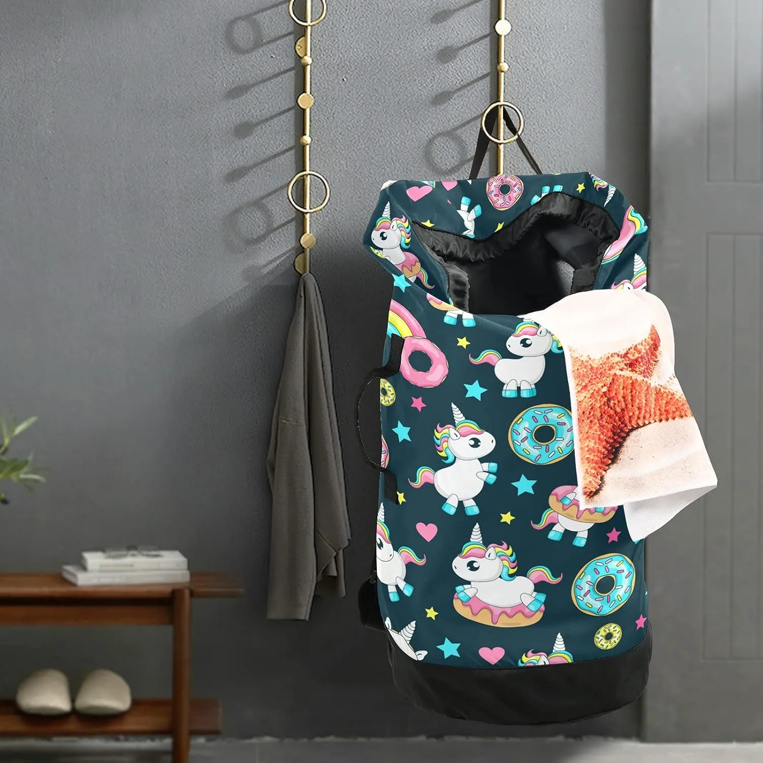 Rainbow Unicorn Donut Laundry Bag Large Heavy Duty Laundry Backpack with Shoulder Straps Waterproof Laundry bag for Traveling Camp Dirty Clothes Organizer for College Students
