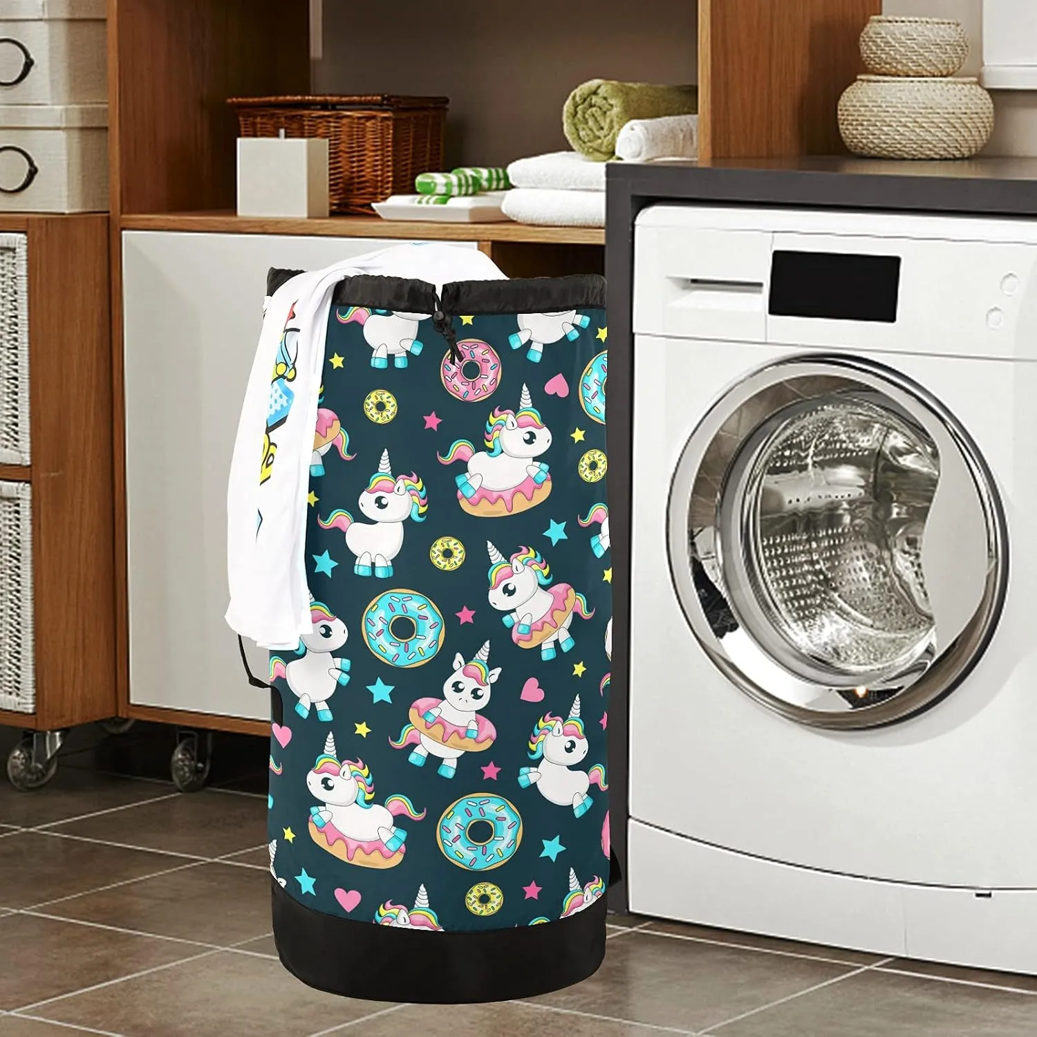 Rainbow Unicorn Donut Laundry Bag Large Heavy Duty Laundry Backpack with Shoulder Straps Waterproof Laundry bag for Traveling Camp Dirty Clothes Organizer for College Students