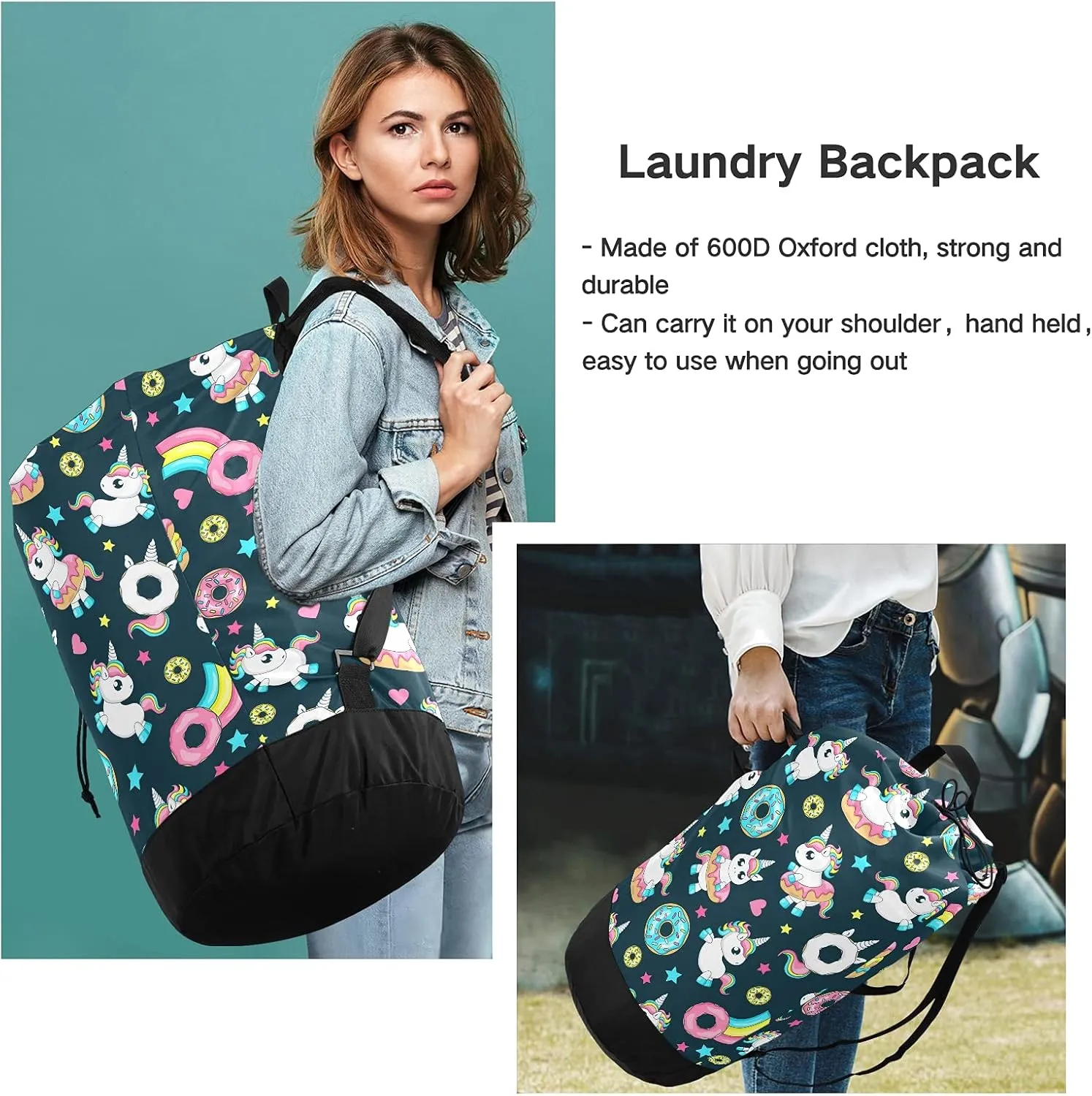 Rainbow Unicorn Donut Laundry Bag Large Heavy Duty Laundry Backpack with Shoulder Straps Waterproof Laundry bag for Traveling Camp Dirty Clothes Organizer for College Students