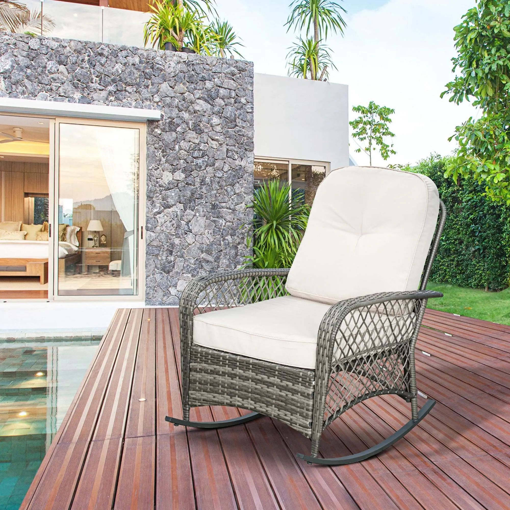 Rattan Rocking Chair, Outdoor Wicker Patio Rocker Chair Furniture with Thick Cushions, for Garden Backyard Porch, Khaki