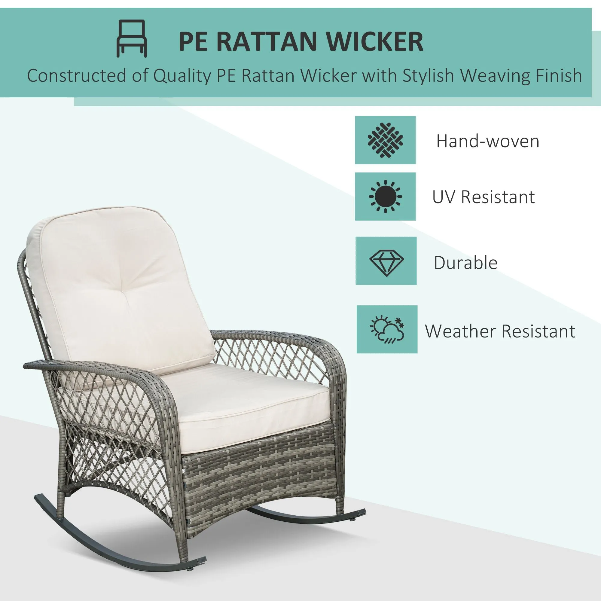 Rattan Rocking Chair, Outdoor Wicker Patio Rocker Chair Furniture with Thick Cushions, for Garden Backyard Porch, Khaki