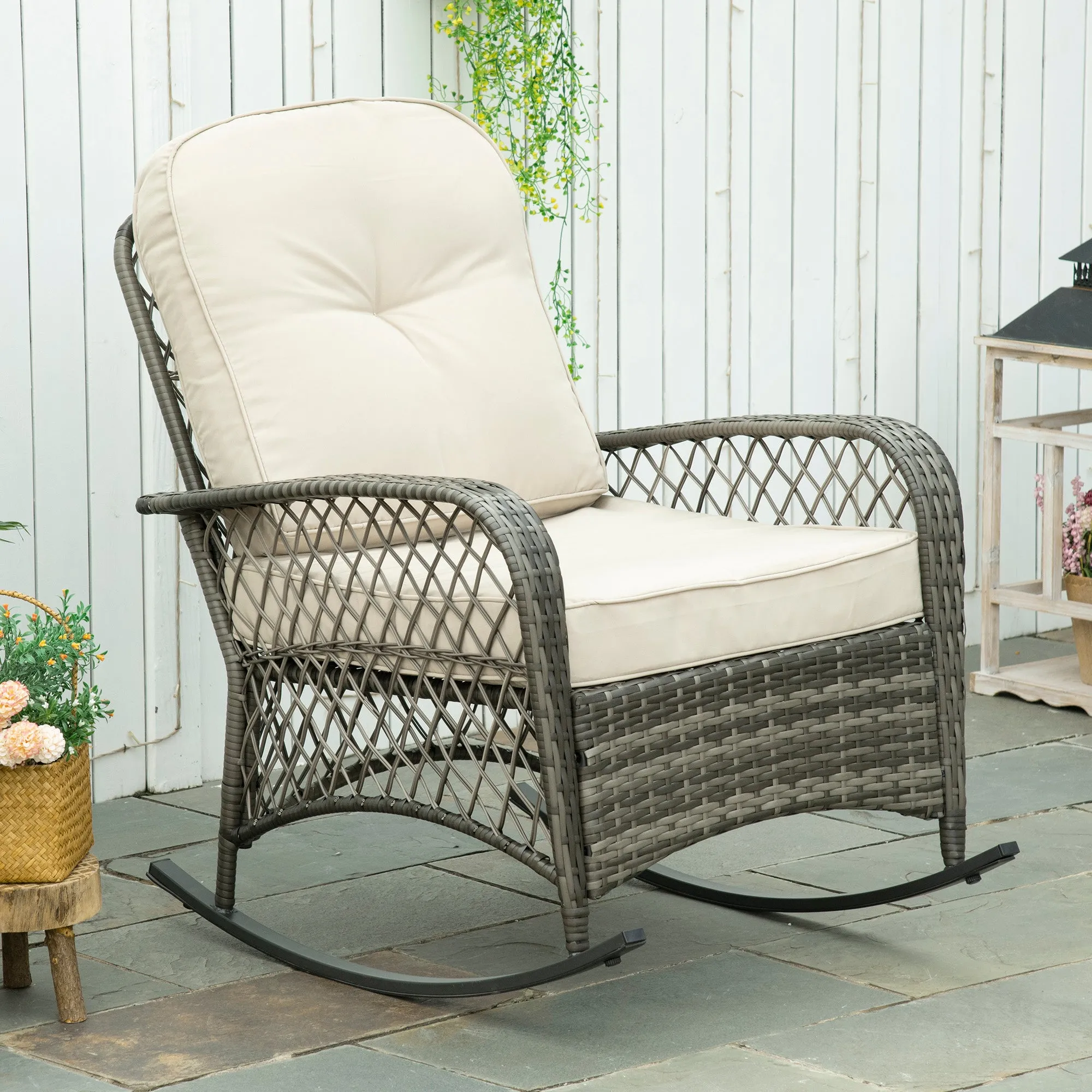 Rattan Rocking Chair, Outdoor Wicker Patio Rocker Chair Furniture with Thick Cushions, for Garden Backyard Porch, Khaki