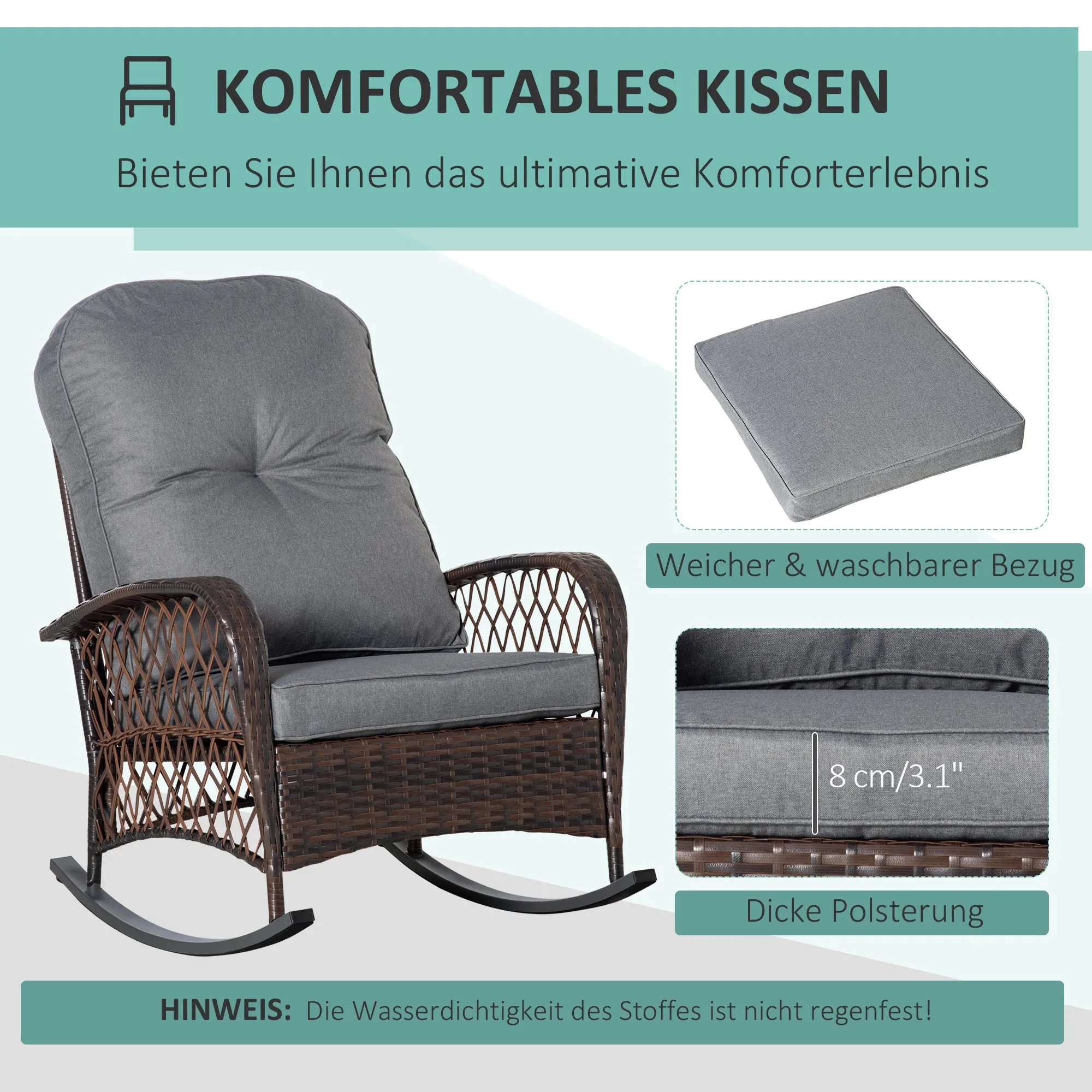 Rattan Rocking Chair with Thickened Cushion, Outdoor Rocker for Patio, Garden, Backyard, Gray