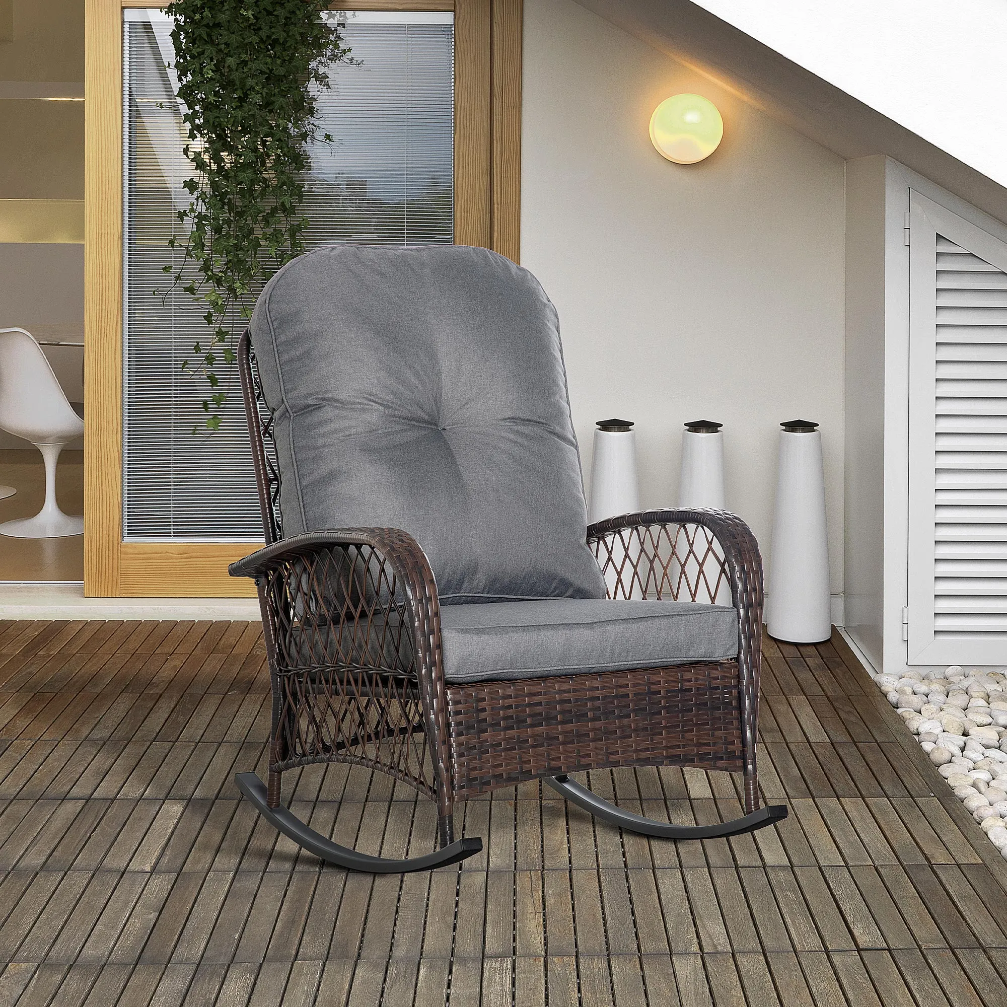 Rattan Rocking Chair with Thickened Cushion, Outdoor Rocker for Patio, Garden, Backyard, Gray
