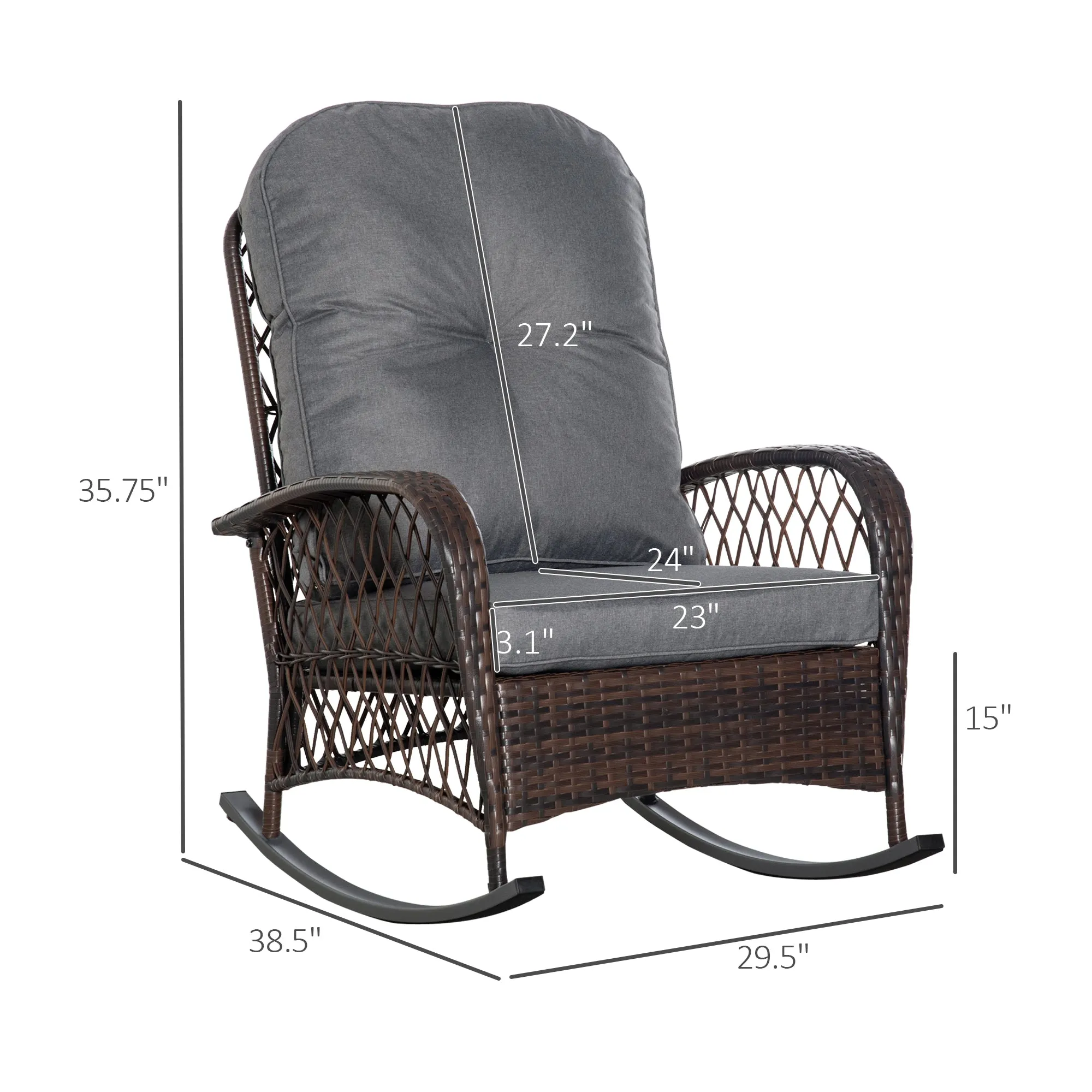 Rattan Rocking Chair with Thickened Cushion, Outdoor Rocker for Patio, Garden, Backyard, Gray