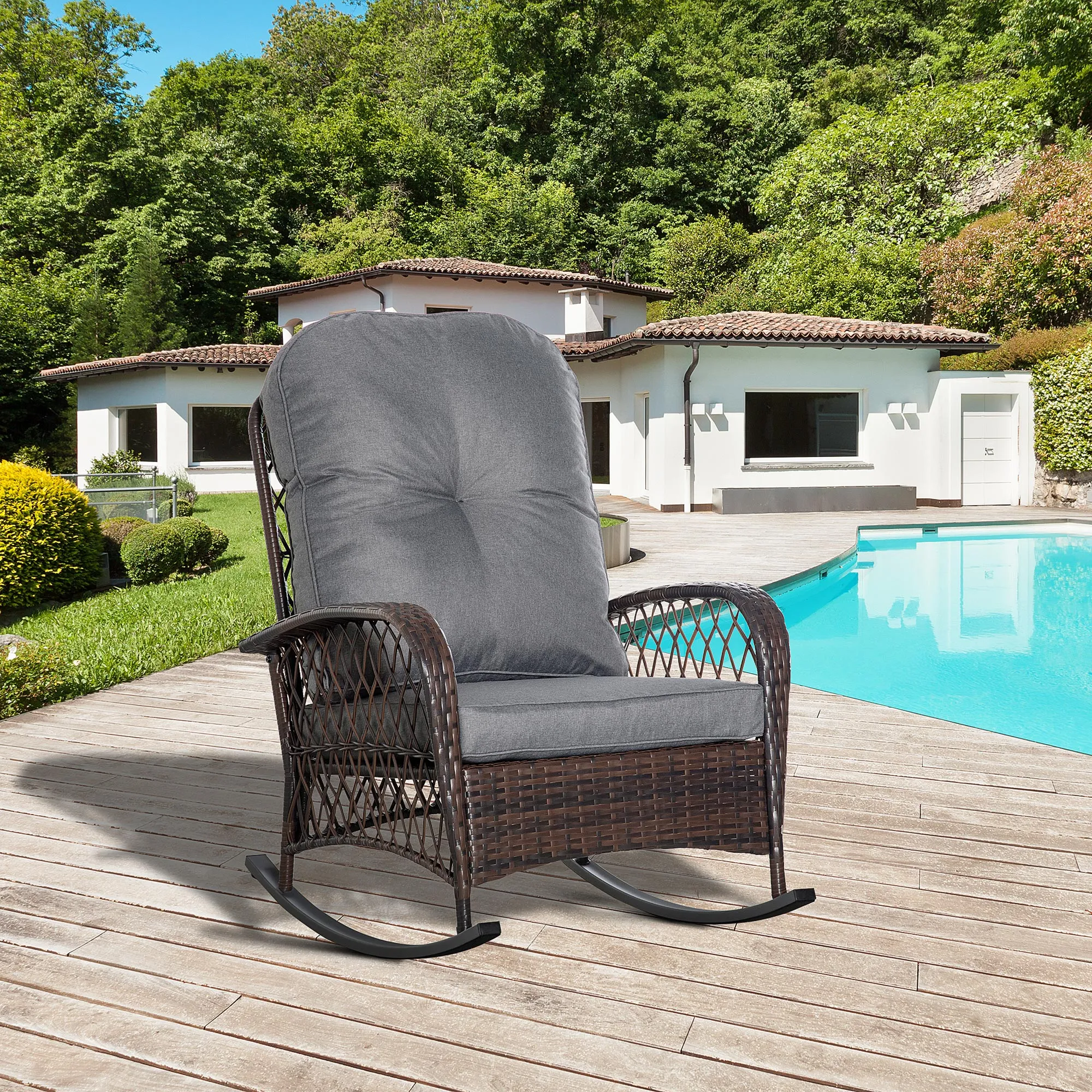 Rattan Rocking Chair with Thickened Cushion, Outdoor Rocker for Patio, Garden, Backyard, Gray