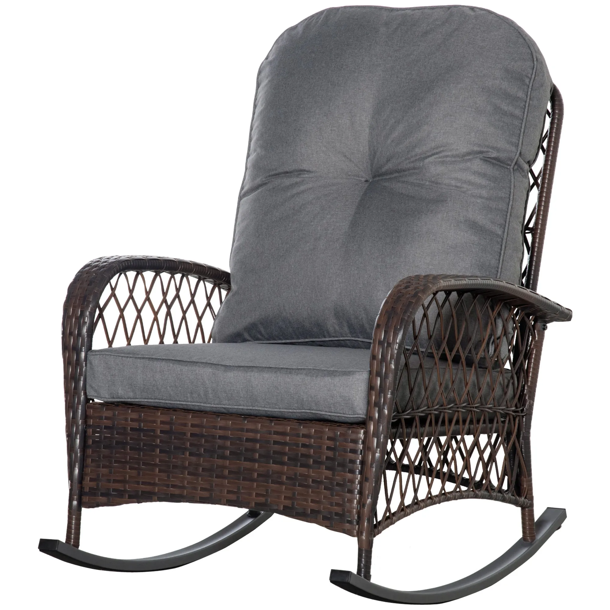 Rattan Rocking Chair with Thickened Cushion, Outdoor Rocker for Patio, Garden, Backyard, Gray