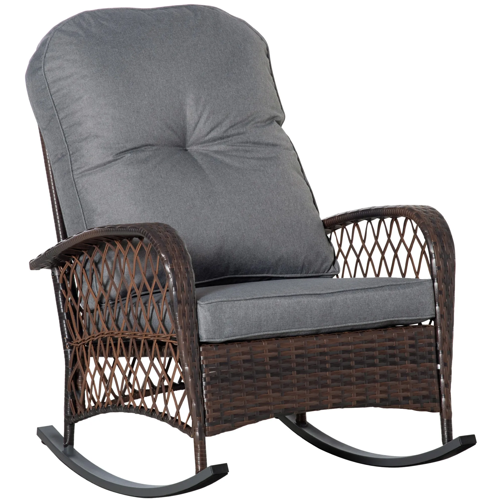 Rattan Rocking Chair with Thickened Cushion, Outdoor Rocker for Patio, Garden, Backyard, Gray