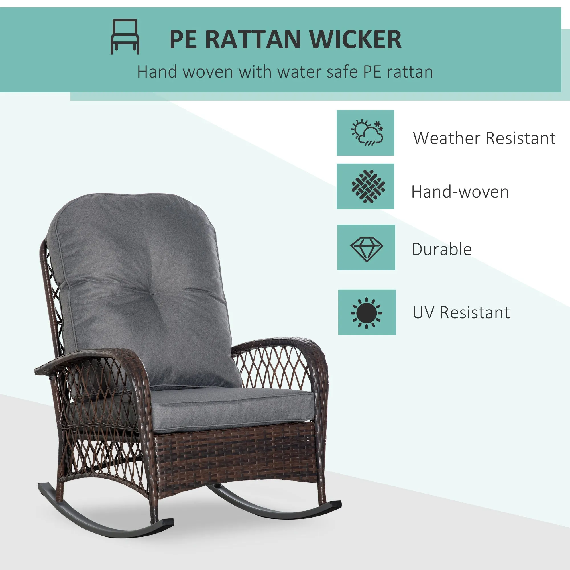 Rattan Rocking Chair with Thickened Cushion, Outdoor Rocker for Patio, Garden, Backyard, Gray