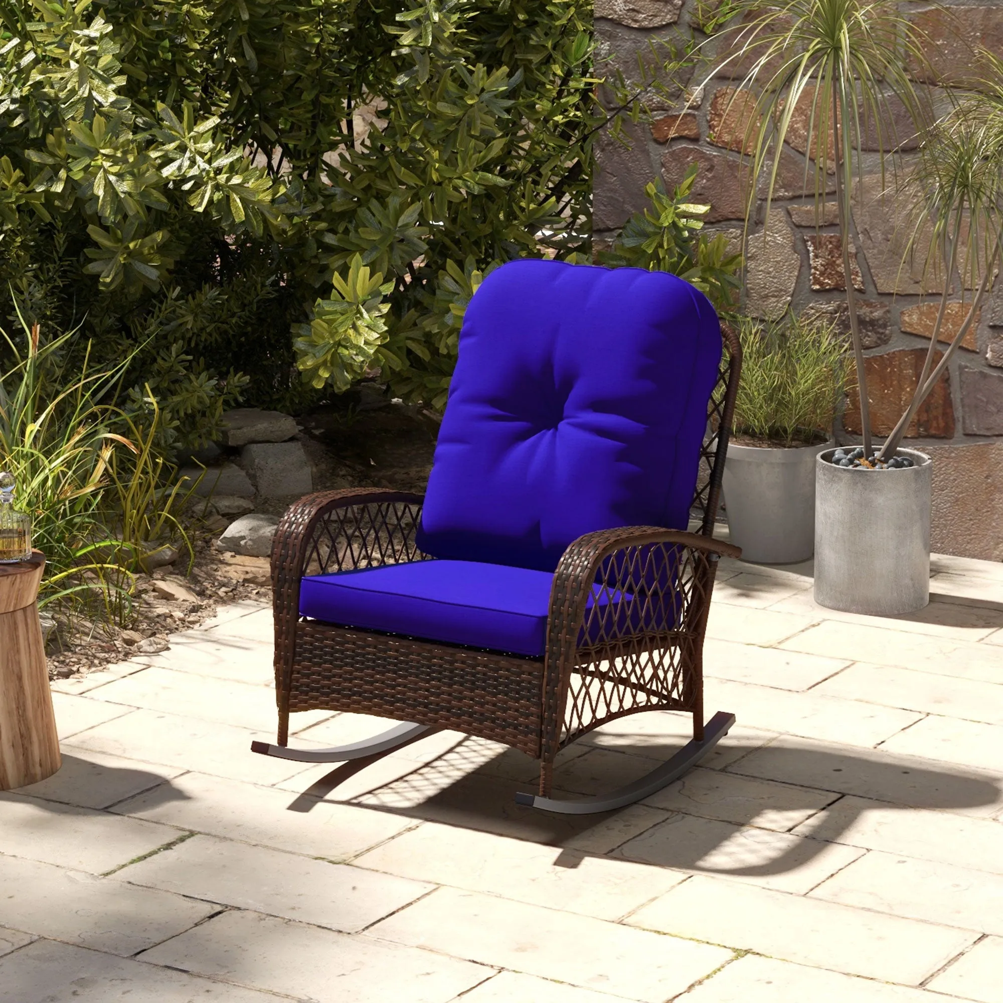 Rattan Rocking Chair with Thickened Cushion, Outdoor Rocker for Patio, Garden, Dark Blue