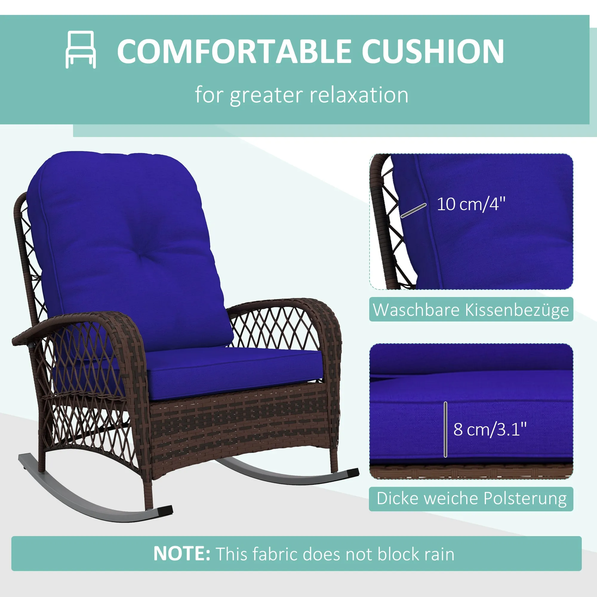Rattan Rocking Chair with Thickened Cushion, Outdoor Rocker for Patio, Garden, Dark Blue