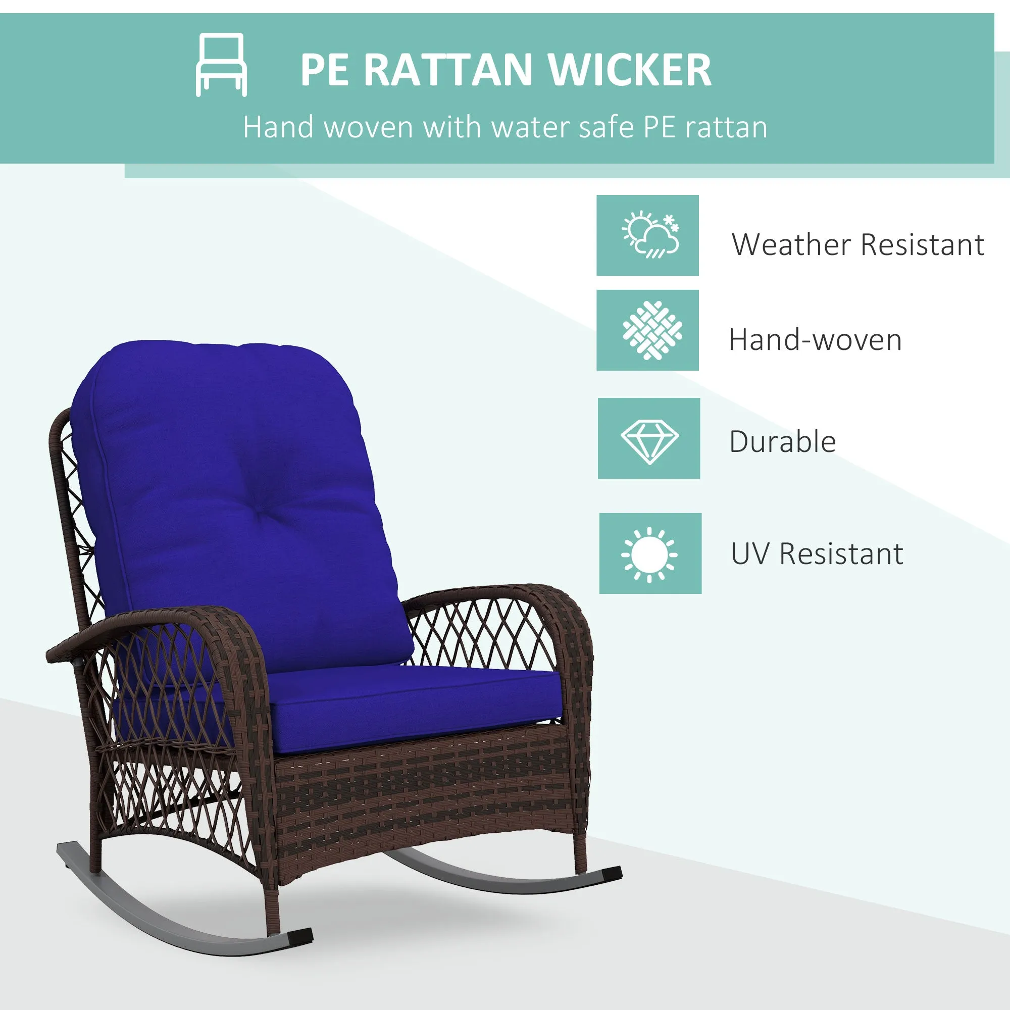 Rattan Rocking Chair with Thickened Cushion, Outdoor Rocker for Patio, Garden, Dark Blue