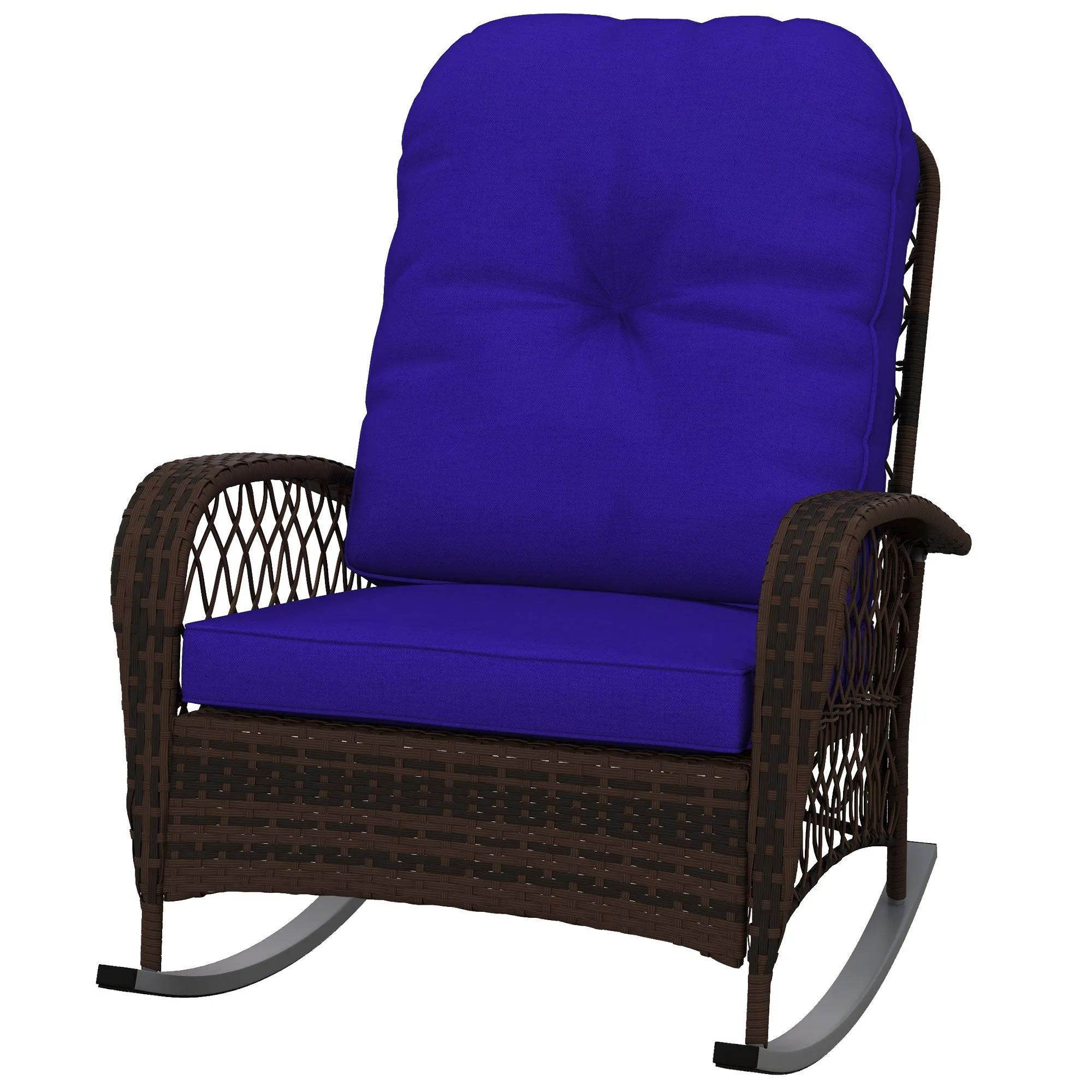 Rattan Rocking Chair with Thickened Cushion, Outdoor Rocker for Patio, Garden, Dark Blue