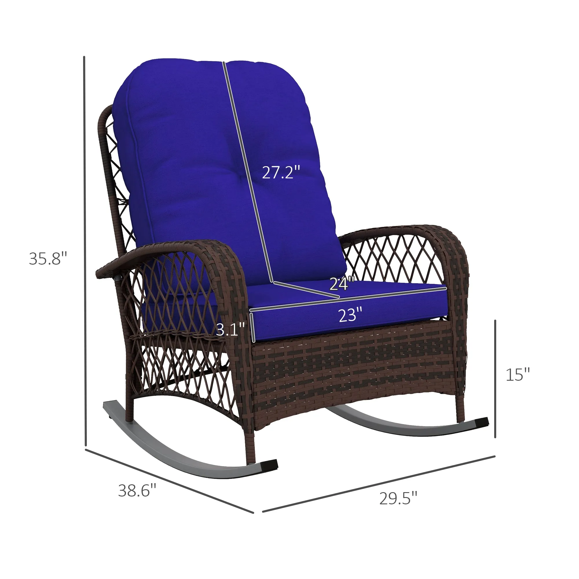 Rattan Rocking Chair with Thickened Cushion, Outdoor Rocker for Patio, Garden, Dark Blue
