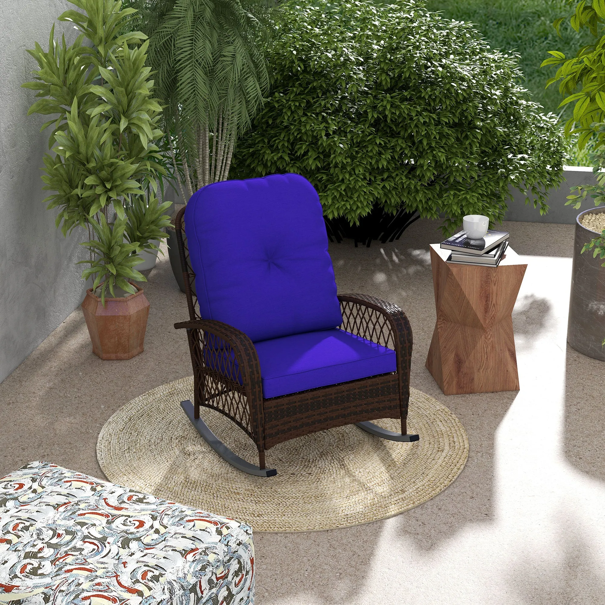 Rattan Rocking Chair with Thickened Cushion, Outdoor Rocker for Patio, Garden, Dark Blue
