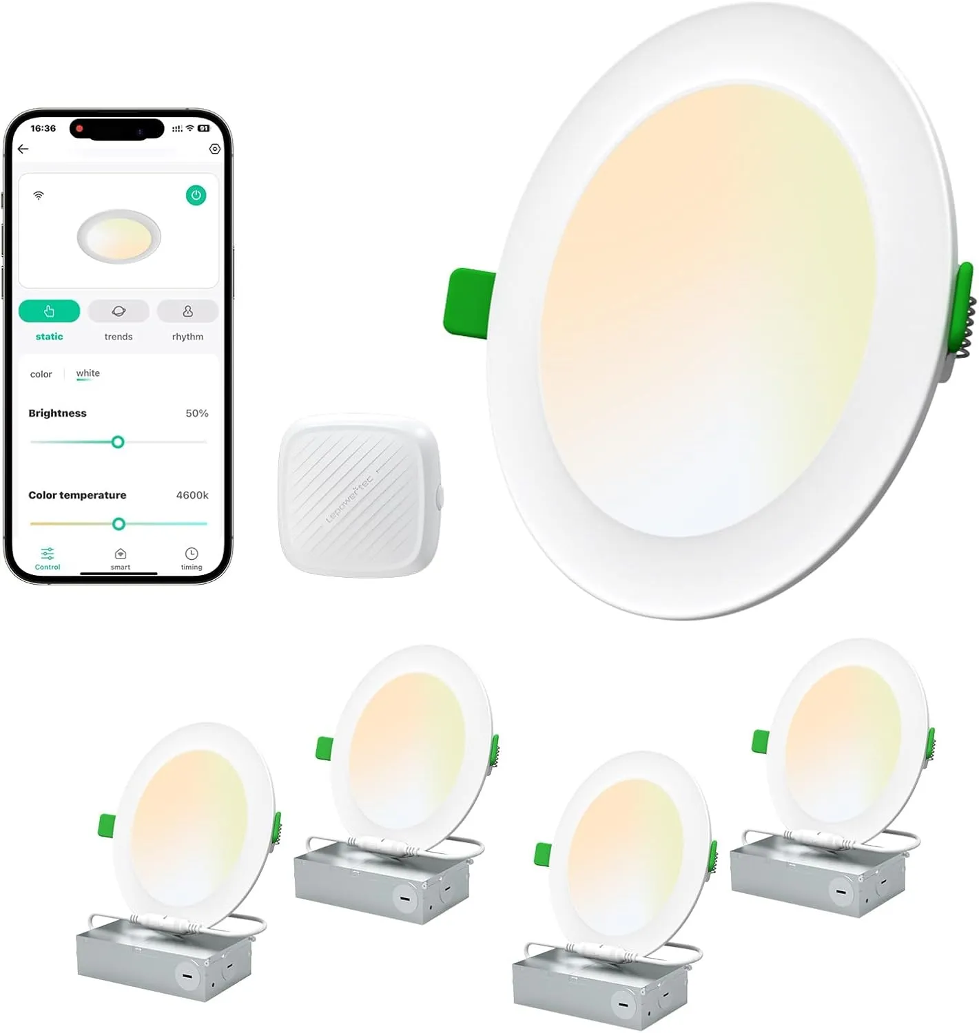 Recessed LED Can Lights 6 Inch, Smart Wi-Fi Connect White LED Ceiling Light, Adjustable 2700K-6500K Downlight with Junction Box, APP & Voice Control, 1100 Lumens, 4 Pack