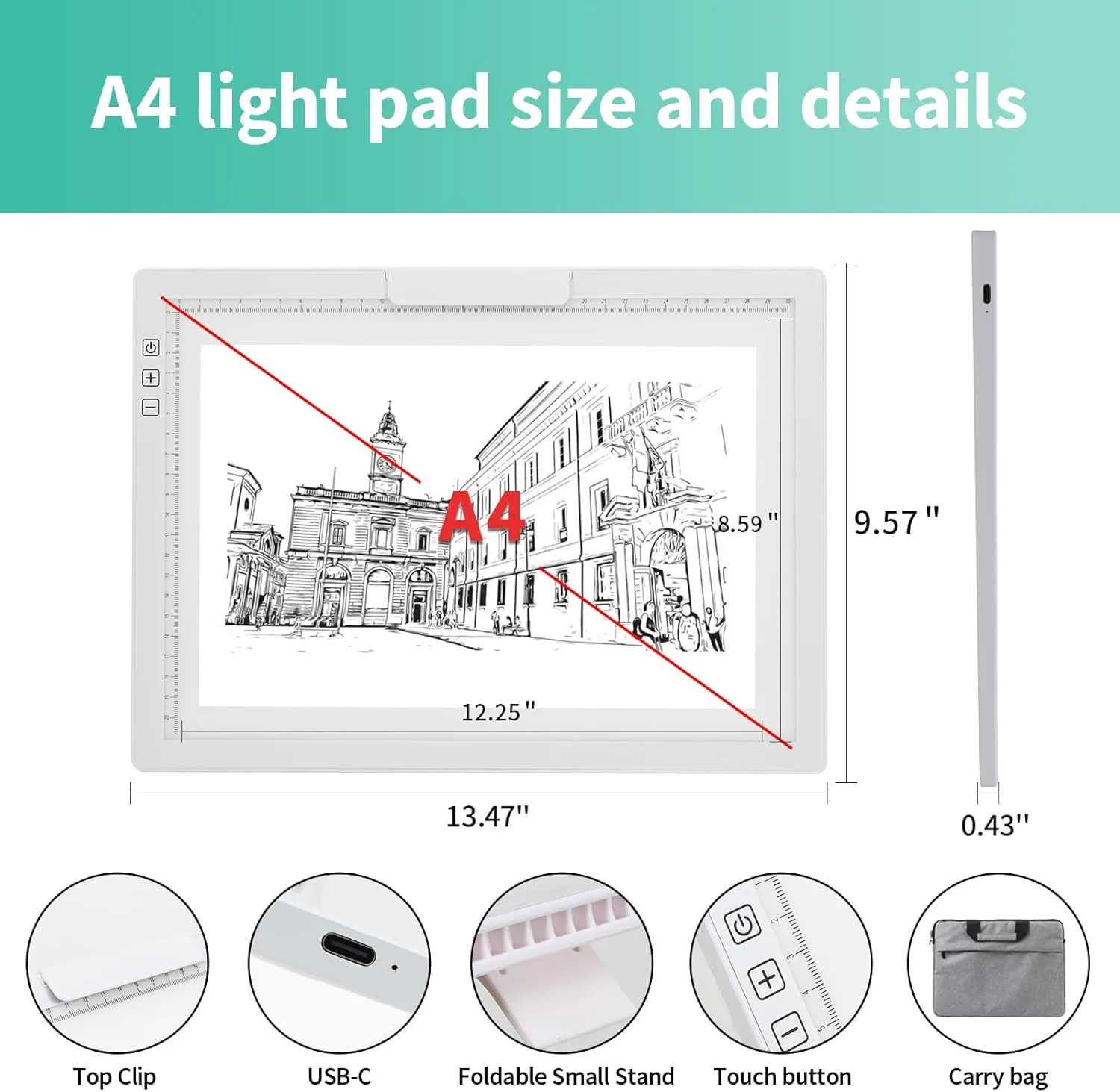 Rechargeable A4 Light Pad - Tracing Light Box with Carry Bag, Stepless Dimmable 6 Levels Brightness Diamond Painting Light Board, Battery Powered Portable Light Pad for Weeding Vinyl Tracing