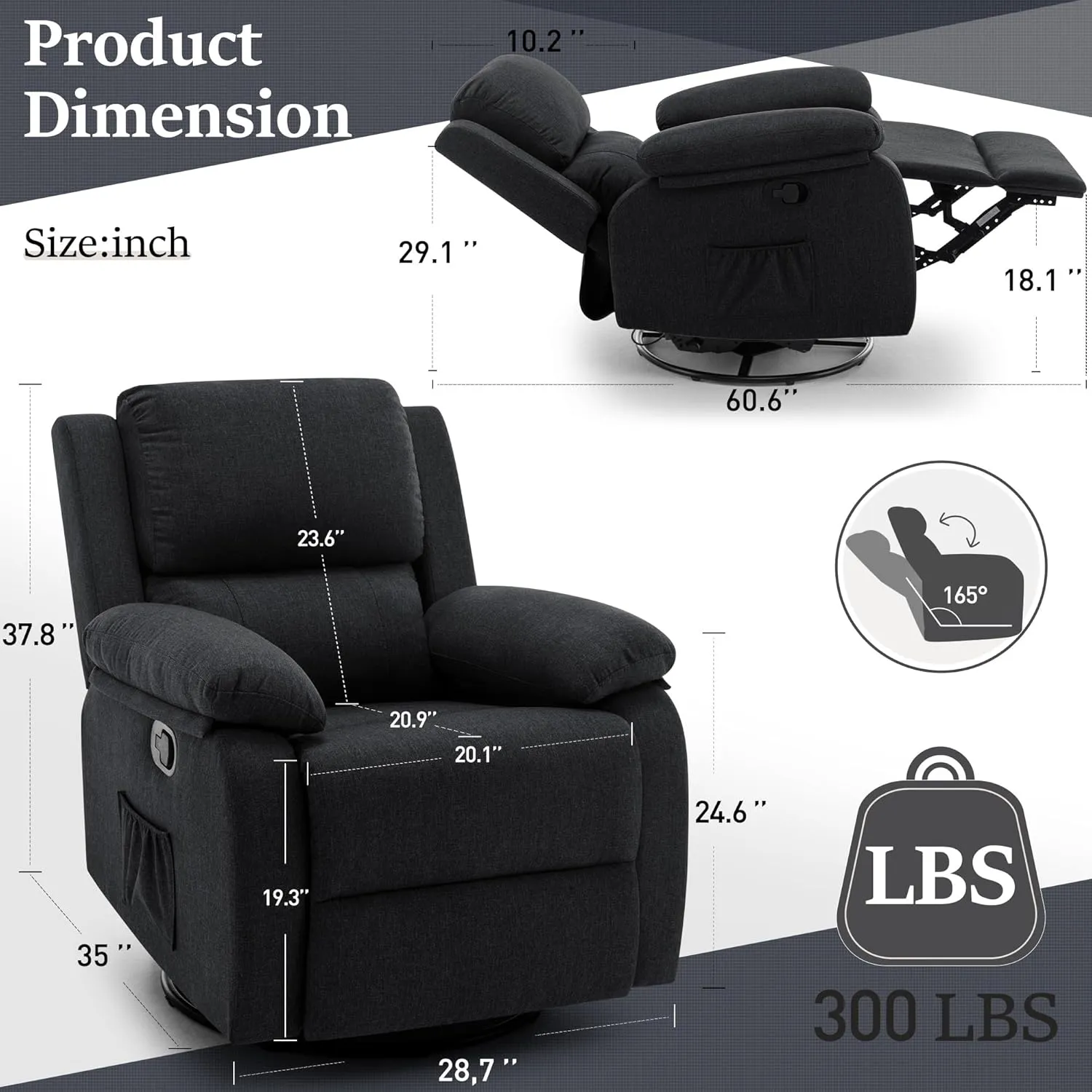 Recliner Chair, 360 Swivel Rocker Chair for Adults, Small Rocking Recliner Chair for Small Spaces, Upholstered Fabric Glider Recliner Nursery with Side Pockets for Living Room, Nursery