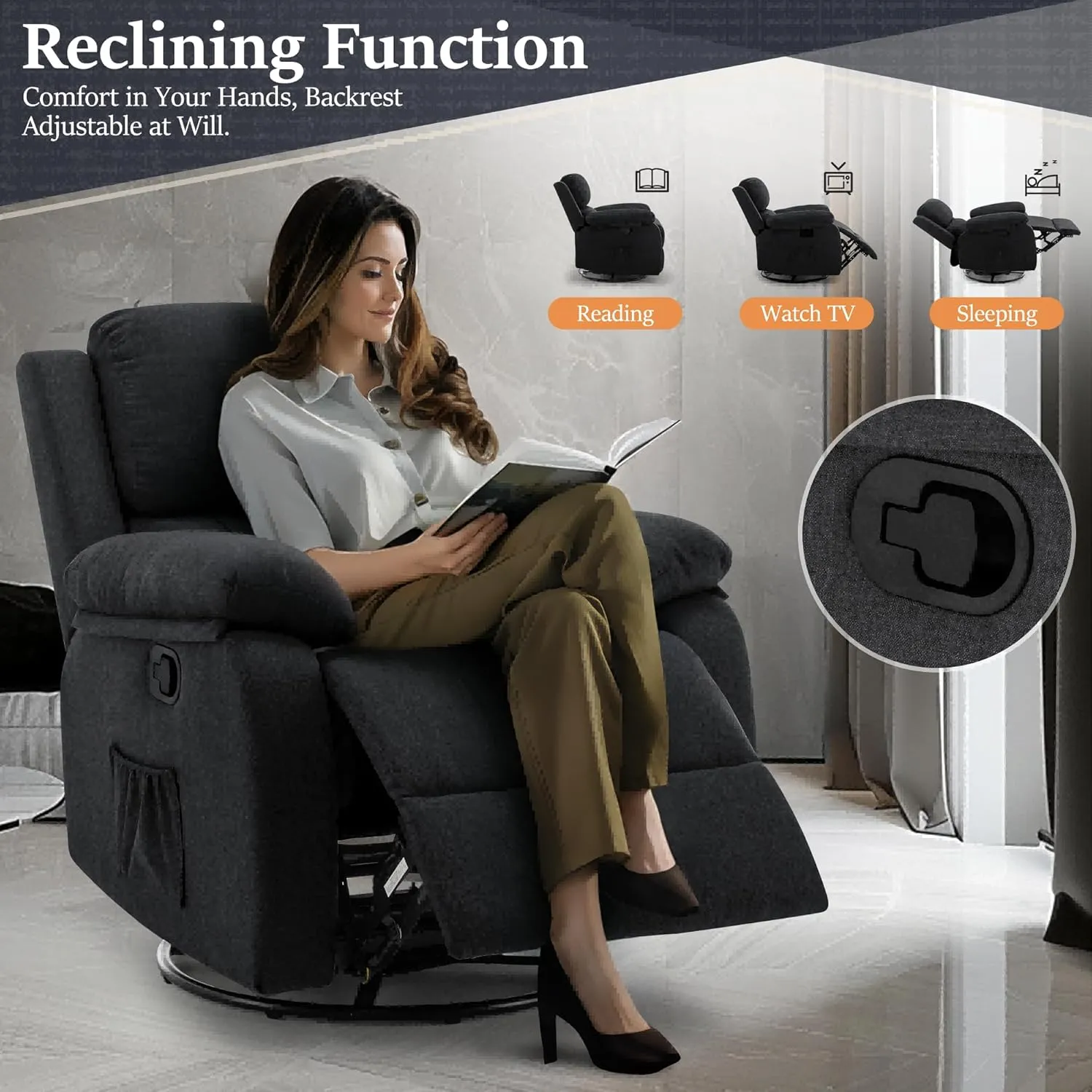 Recliner Chair, 360 Swivel Rocker Chair for Adults, Small Rocking Recliner Chair for Small Spaces, Upholstered Fabric Glider Recliner Nursery with Side Pockets for Living Room, Nursery