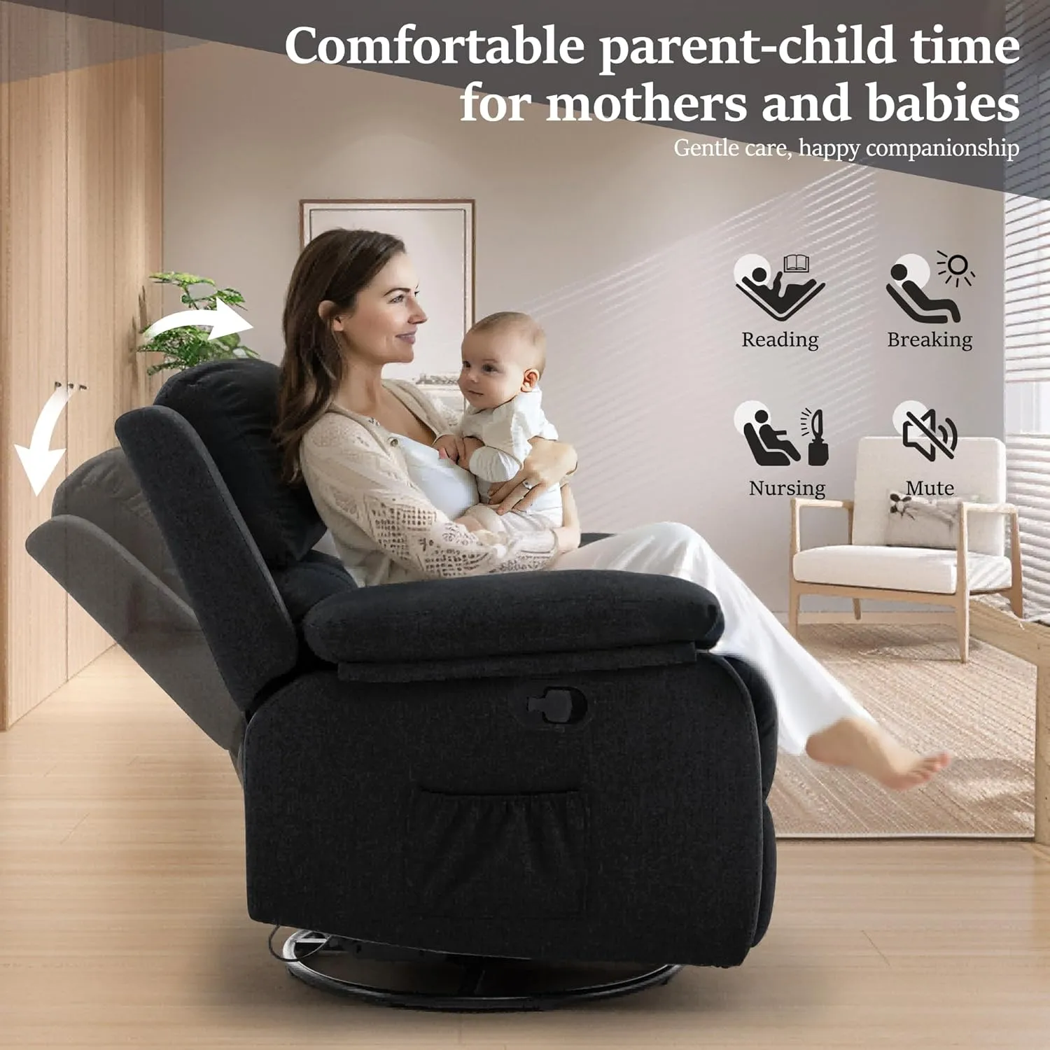 Recliner Chair, 360 Swivel Rocker Chair for Adults, Small Rocking Recliner Chair for Small Spaces, Upholstered Fabric Glider Recliner Nursery with Side Pockets for Living Room, Nursery