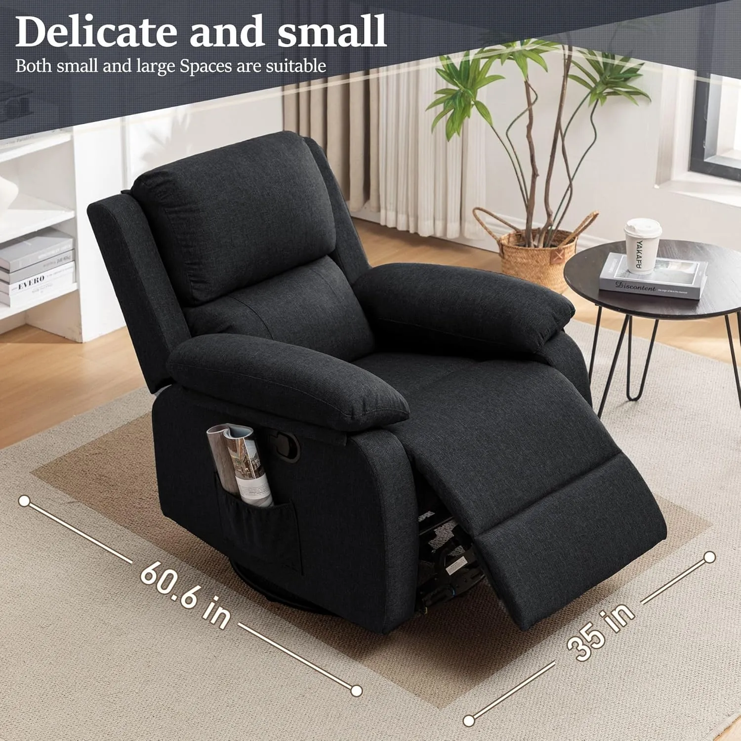 Recliner Chair, 360 Swivel Rocker Chair for Adults, Small Rocking Recliner Chair for Small Spaces, Upholstered Fabric Glider Recliner Nursery with Side Pockets for Living Room, Nursery