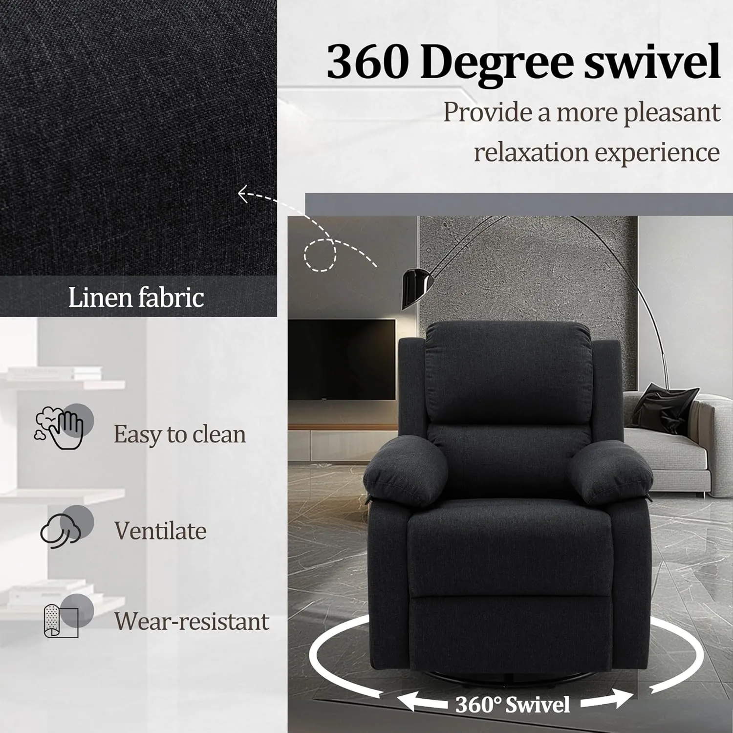 Recliner Chair, 360 Swivel Rocker Chair for Adults, Small Rocking Recliner Chair for Small Spaces, Upholstered Fabric Glider Recliner Nursery with Side Pockets for Living Room, Nursery