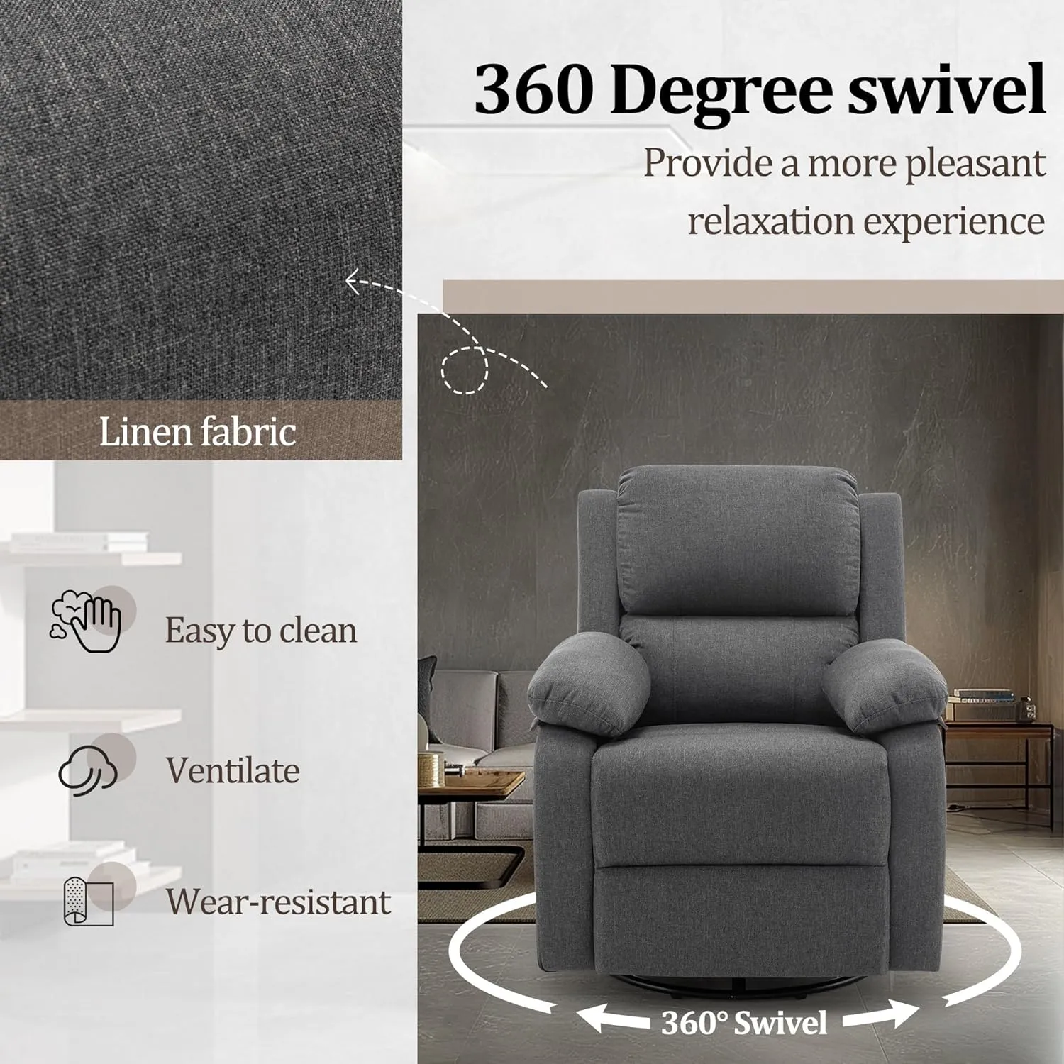 Recliner Chair, 360 Swivel Rocker Chair for Adults, Small Rocking Recliner for Small Spaces, Upholstered Fabric Glider Recliner Nursery Chair with Side Pockets for Living Room, Nursery