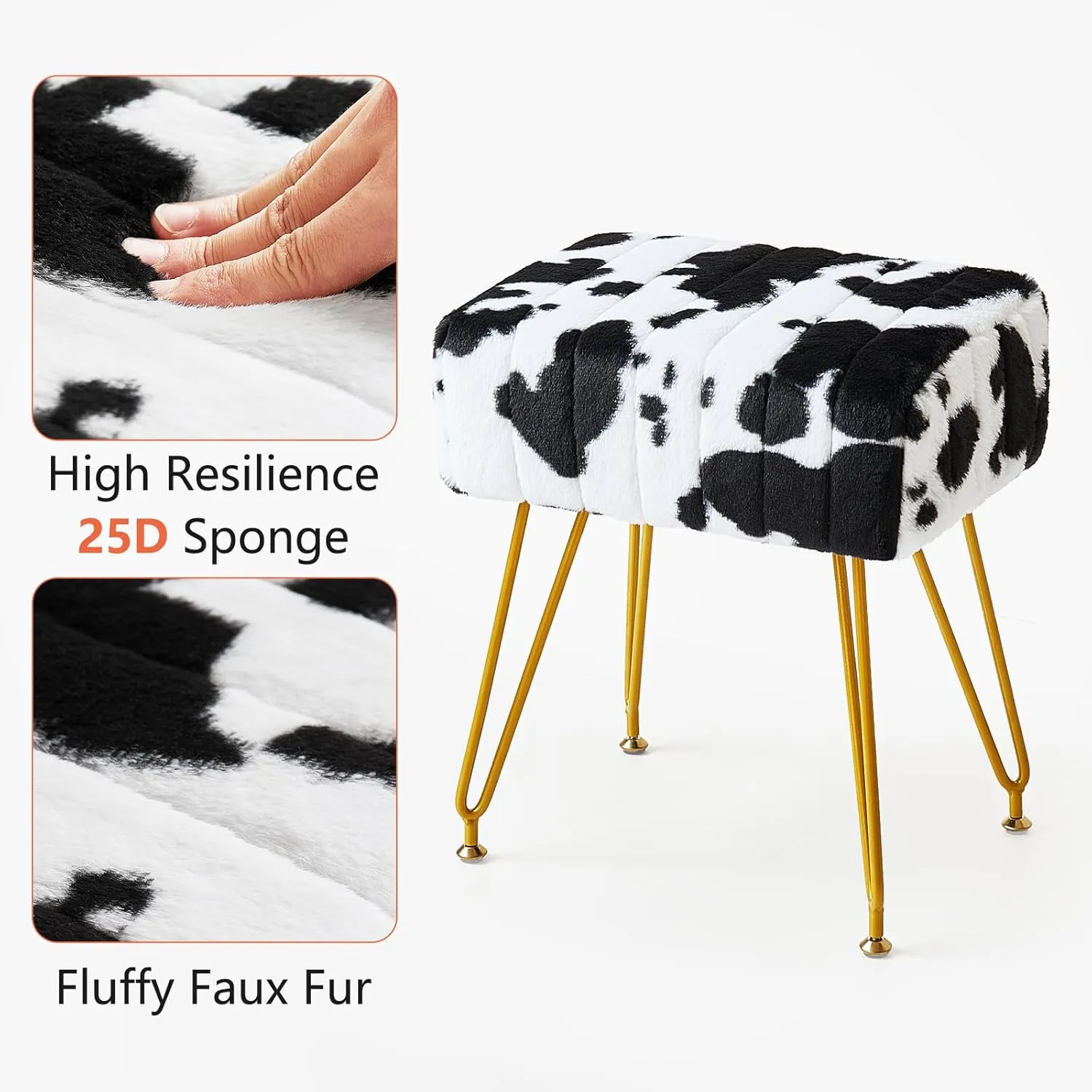 Rectangular Vanity Stool, Faux Fur Makeup Vanity Chair with Golden Metal Legs & Adjustable Feet, Soft Padded Seat Ottoman Foot Stool for Bedroom, Living Room