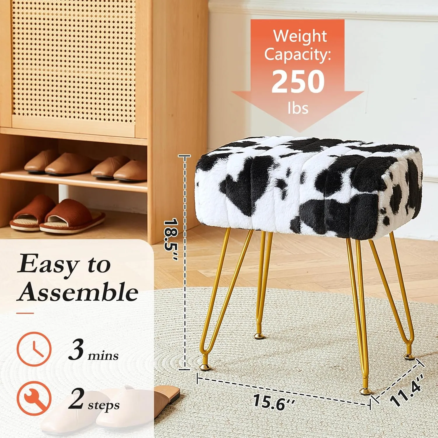Rectangular Vanity Stool, Faux Fur Makeup Vanity Chair with Golden Metal Legs & Adjustable Feet, Soft Padded Seat Ottoman Foot Stool for Bedroom, Living Room