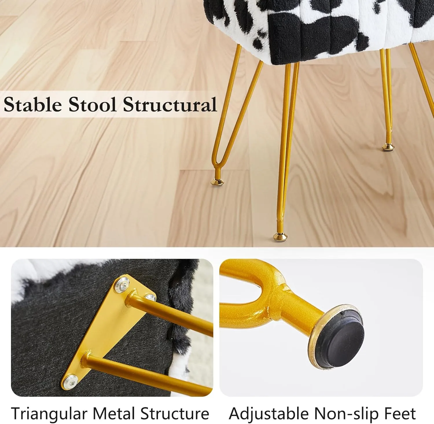 Rectangular Vanity Stool, Faux Fur Makeup Vanity Chair with Golden Metal Legs & Adjustable Feet, Soft Padded Seat Ottoman Foot Stool for Bedroom, Living Room