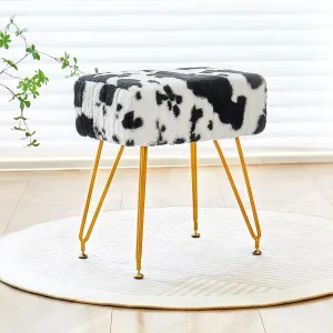 Rectangular Vanity Stool, Faux Fur Makeup Vanity Chair with Golden Metal Legs & Adjustable Feet, Soft Padded Seat Ottoman Foot Stool for Bedroom, Living Room