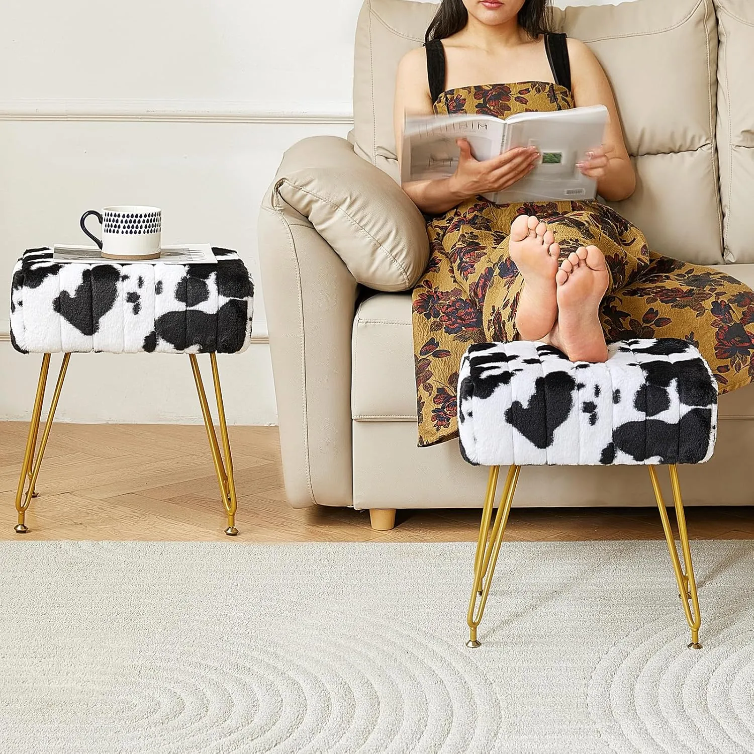 Rectangular Vanity Stool, Faux Fur Makeup Vanity Chair with Golden Metal Legs & Adjustable Feet, Soft Padded Seat Ottoman Foot Stool for Bedroom, Living Room