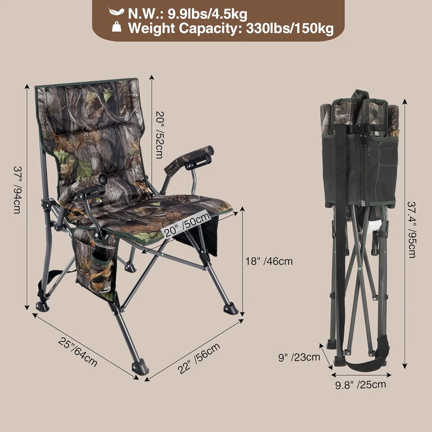 REDCAMP Oversized Hunting Chairs for Blinds with Thickened Cotton, Portable Folding Camo Padded Camping Chairs for Adults Hunting Seats with Hard Arms for Outside Outdoor, Camouflage