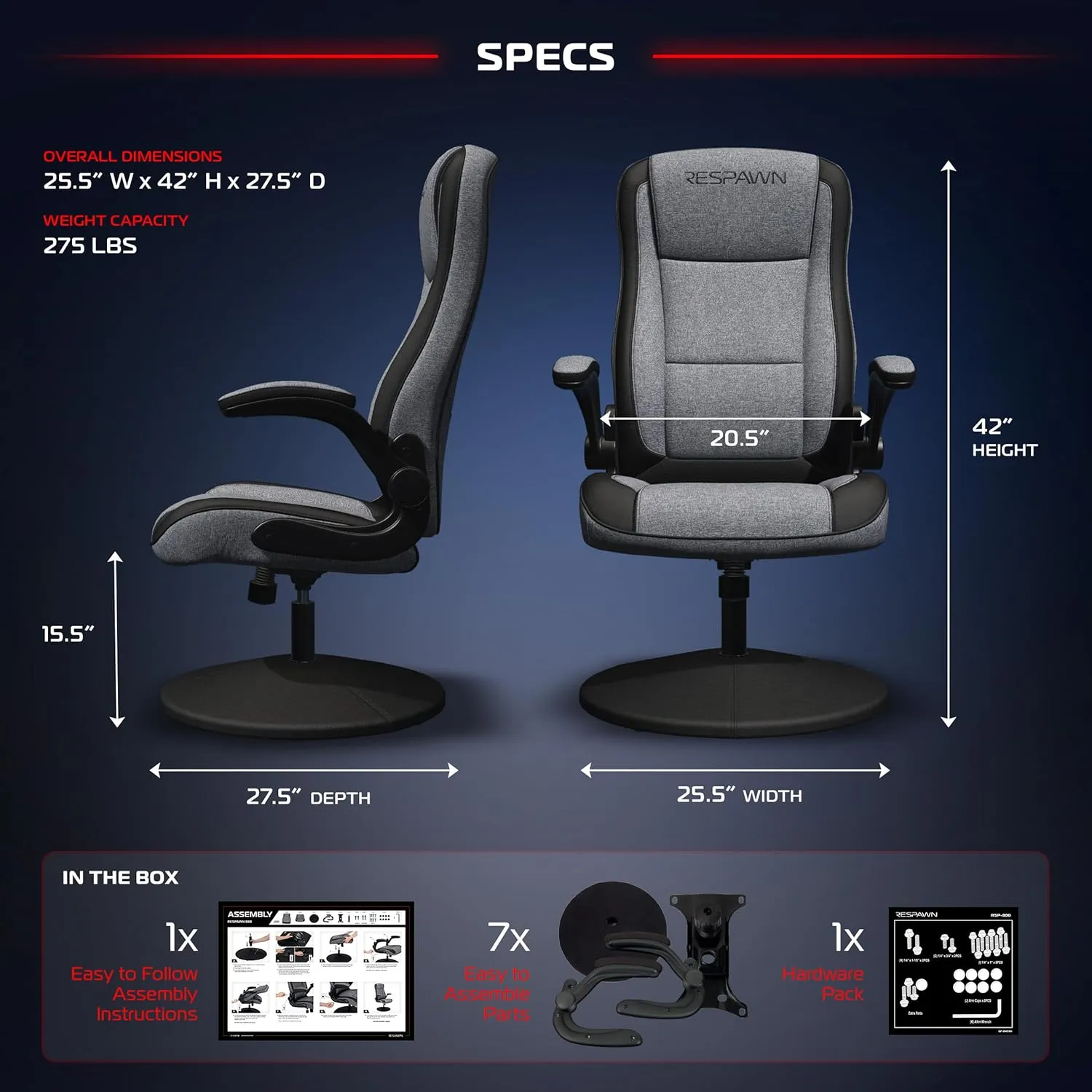 RESPAWN 800 Gaming Chair - Swivel Rocker With High Back, Ergonomic Floor Design for Kids and Adults, Recliner With Armrests - Grey Fabric