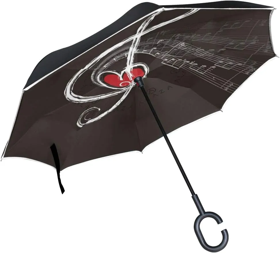 Reverse Inverted Inside Out Umbrella Cars Love Music Unigue Windproof UV Proof Double Layer for Women