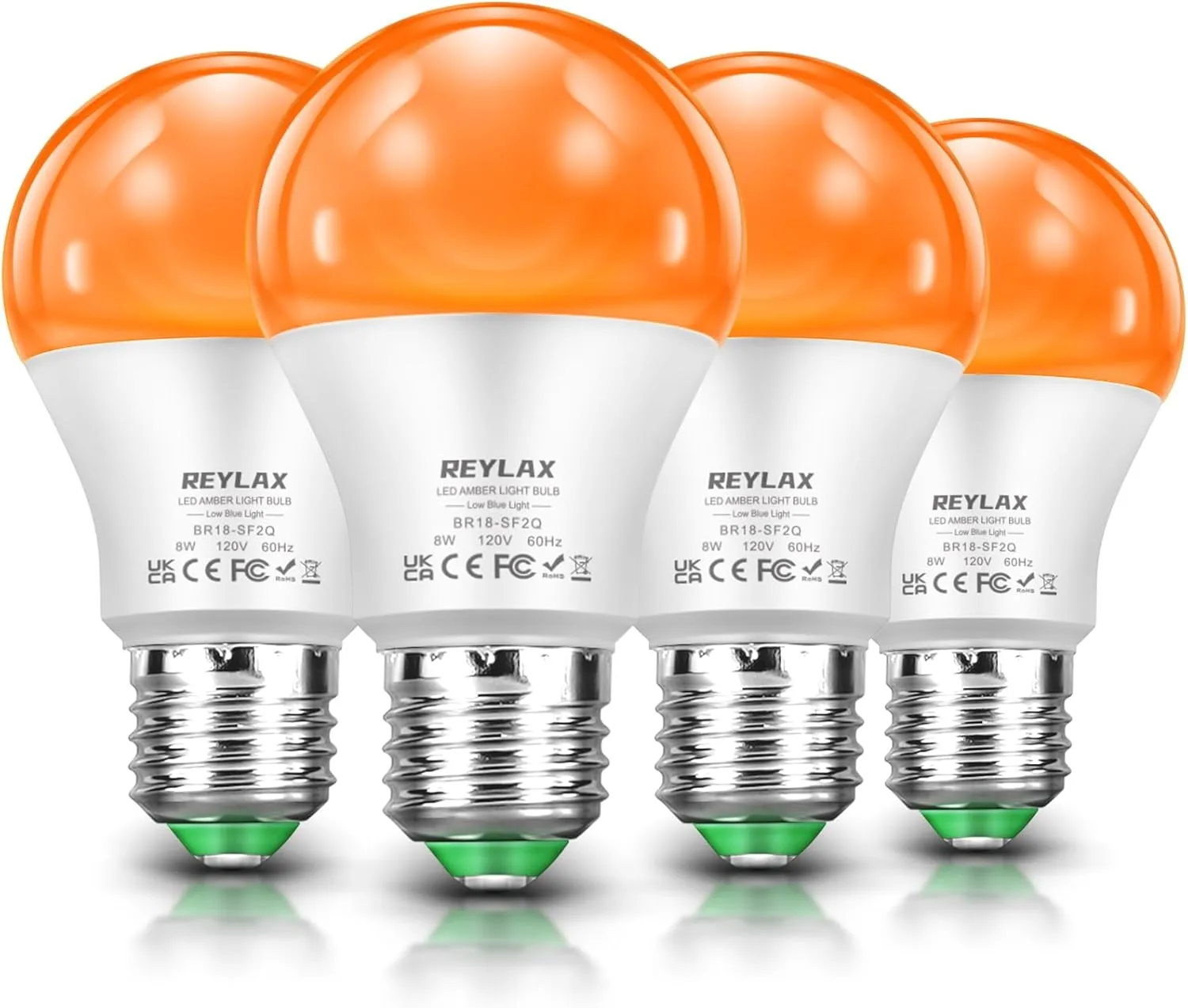 REYLAX Dimmable Amber Light Bulbs, Only 0.04% Blue Light, A19 E26 8W(60 Watt Equivalent) 1600K Sleep Light Bulb for Bedroom, Bathroom, Living Room and Baby Nursery Lighting, 4 Pack