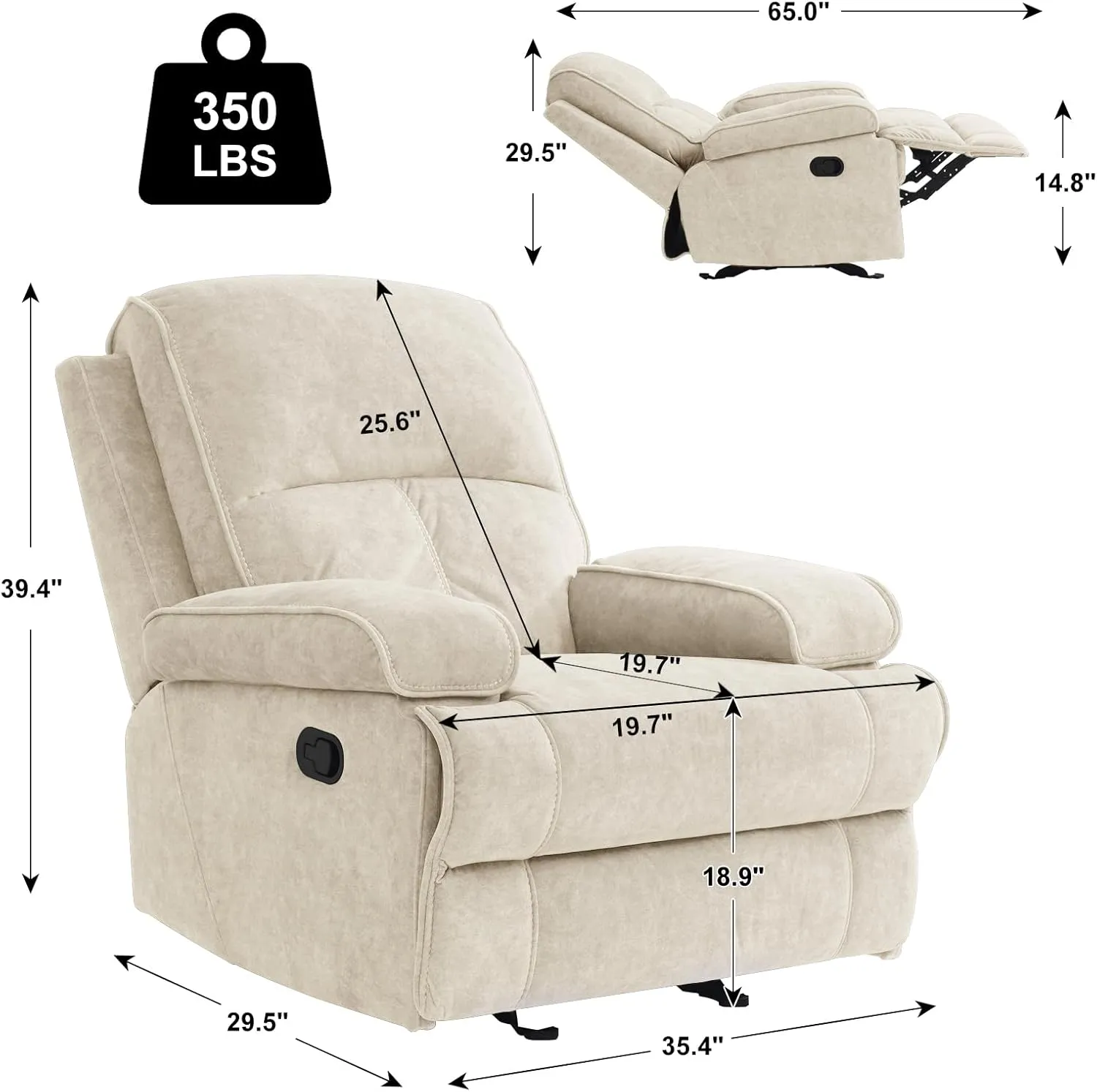 Rocker Recliner Chair for Adults, Manual Glider Chair for Nursery, Reclining Single Sofa Chair for Living Room, Upholstered Fabric Armchair, High Back, Deep Seat, Beige