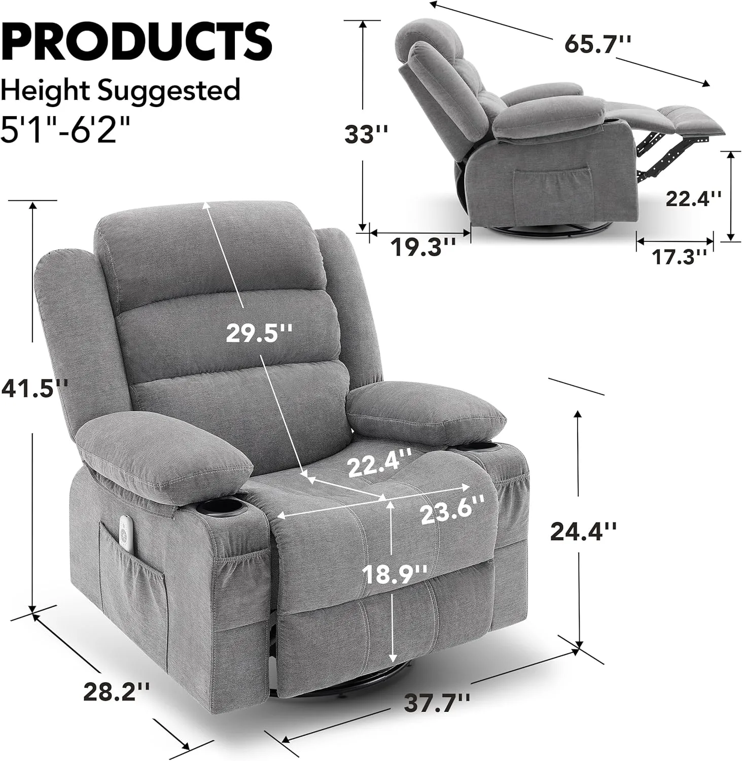 Rocker Recliner Chair with Heat and Massage, 360° Swivel Recliner Chairs for Adults, Oversized Recliner Single Sofa Seat with Cup Holders, Lazy Boy Recliner Single Sofa Seat, Grey